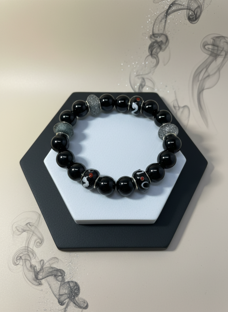 Black Onyx Murano Glass Beads Chunky Bracelet - Enhanced