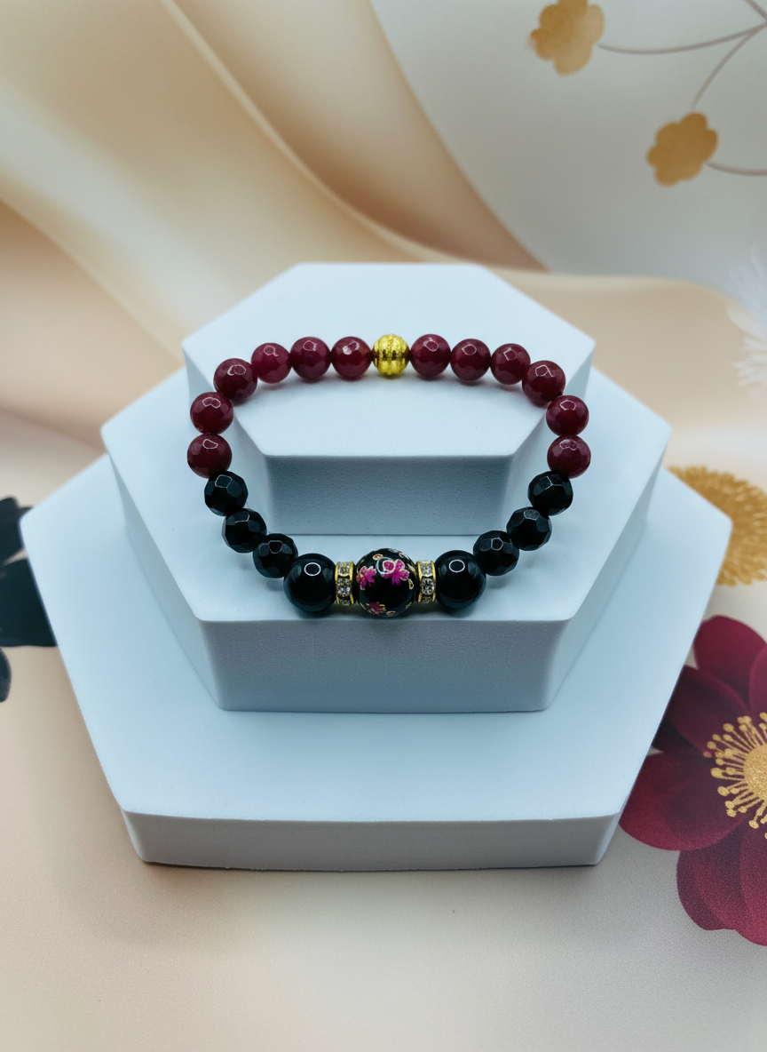 Black Onyx Red Jade Floral Lampwork Gemstone Bracelet - Enhanced