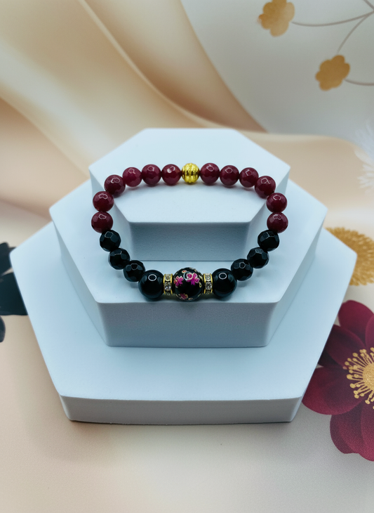 Black Onyx Red Jade Floral Lampwork Gemstone Bracelet - Enhanced