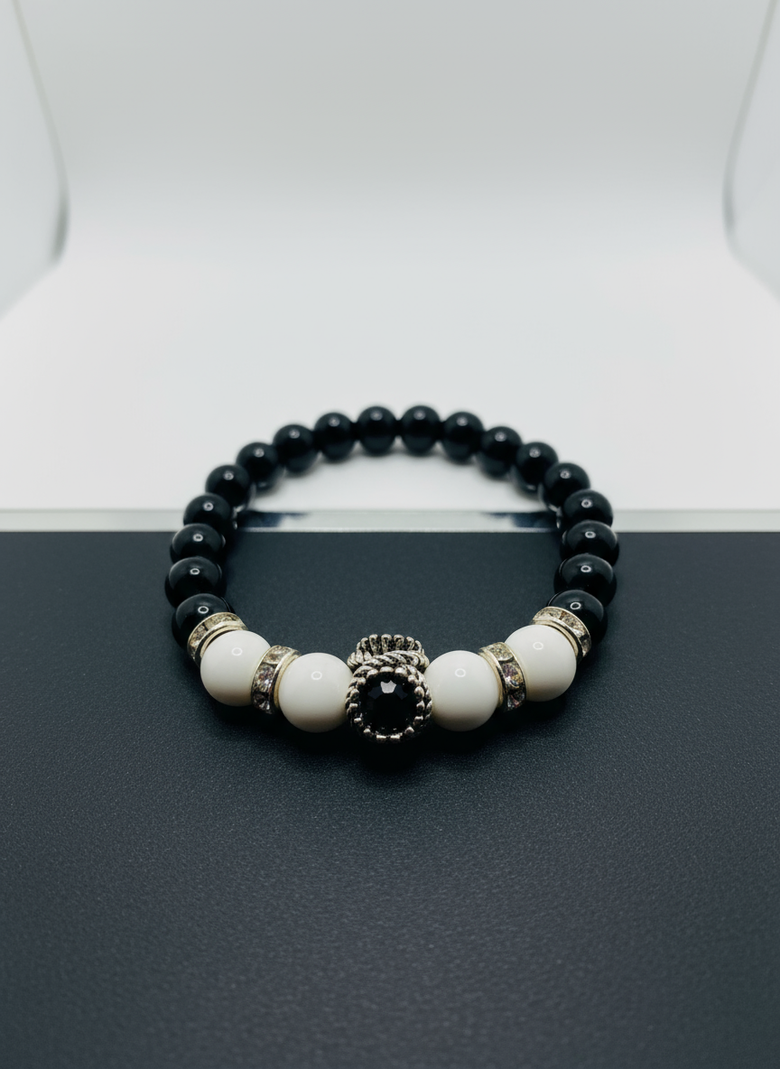 Black Onyx White Agate Charm Bracelet - Enhanced