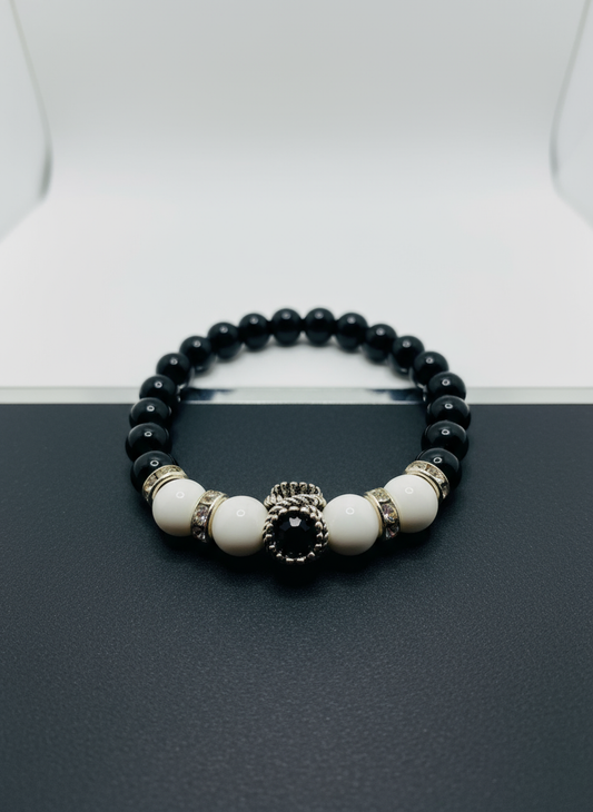 Black Onyx White Agate Charm Bracelet - Enhanced