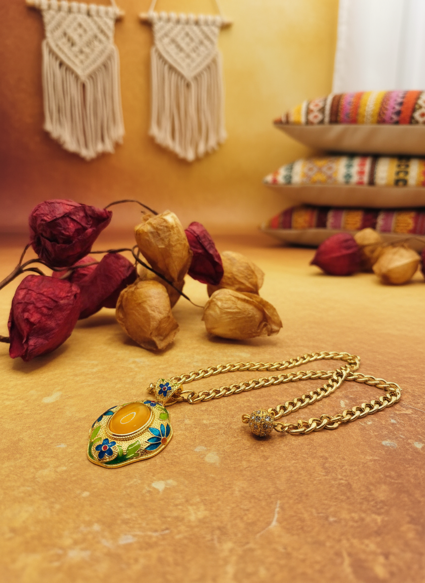 Boho Yellow Agate Pendant Gold Cuban Chain Necklace - Enhanced