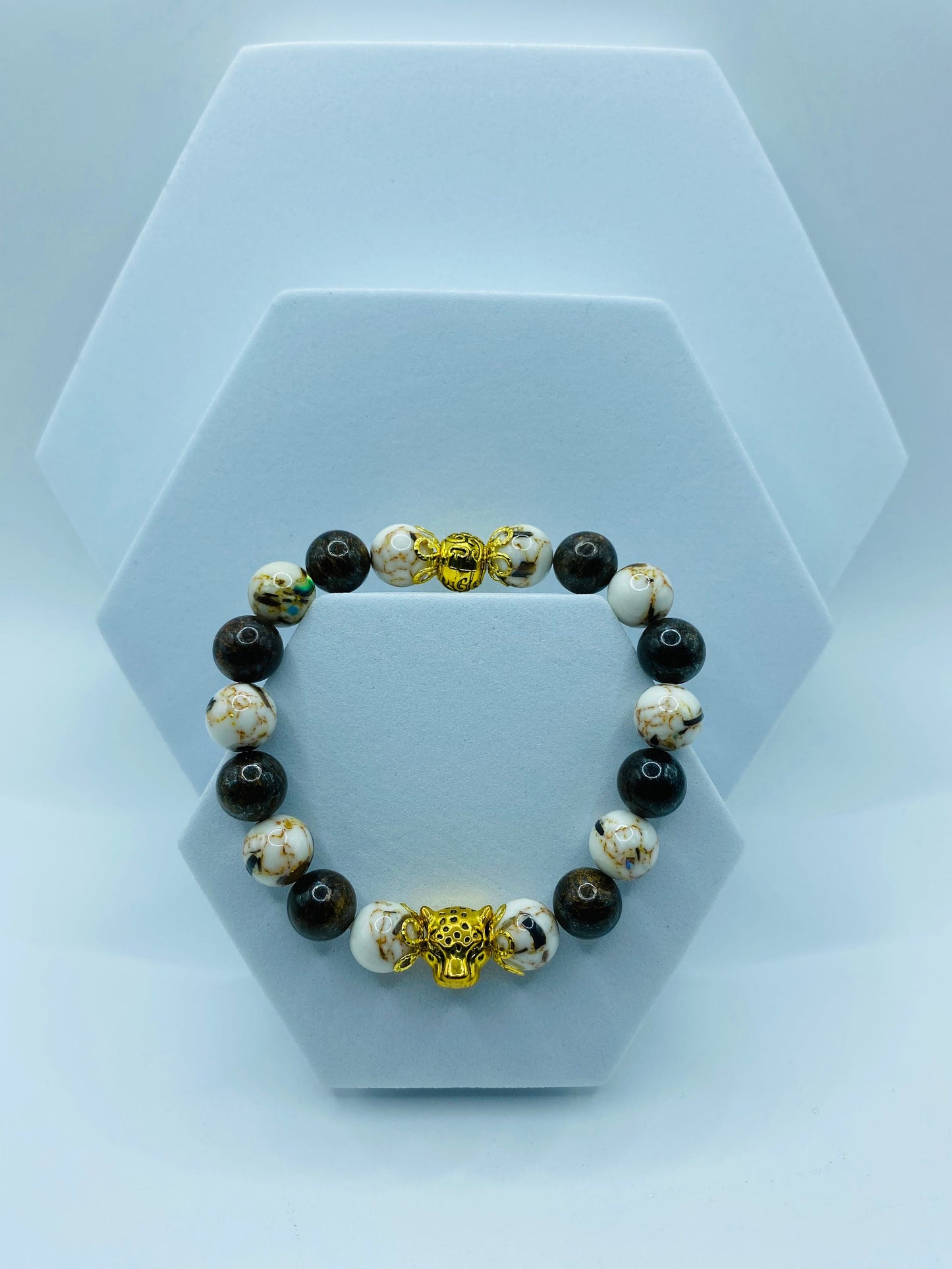 Leopard Charm Bracelet: Bronzite & White Shell Turquoise Gemstone Beads