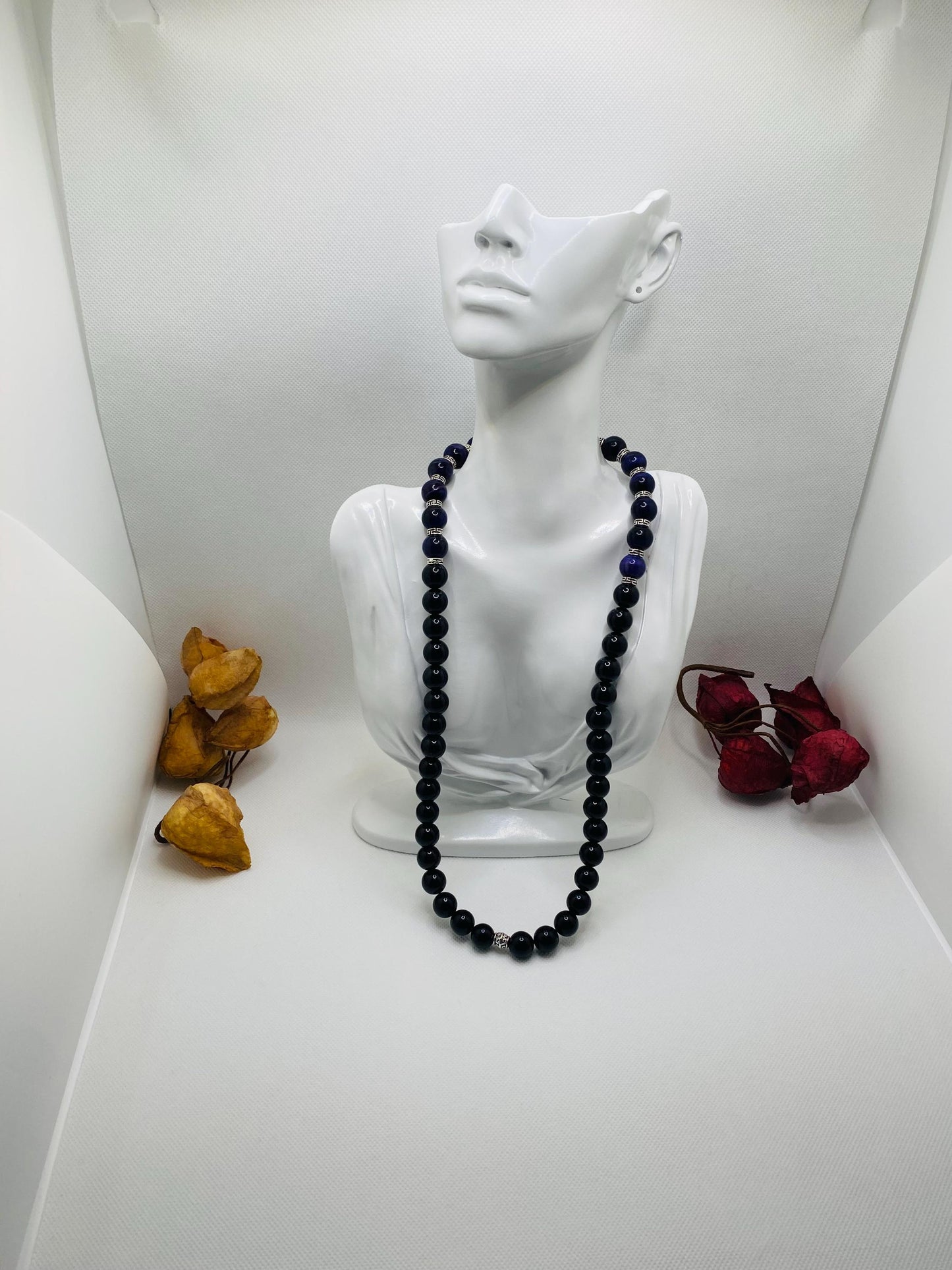 Purple Tigers Eye & Black Onyx Necklace: Tibetan Silver Accents