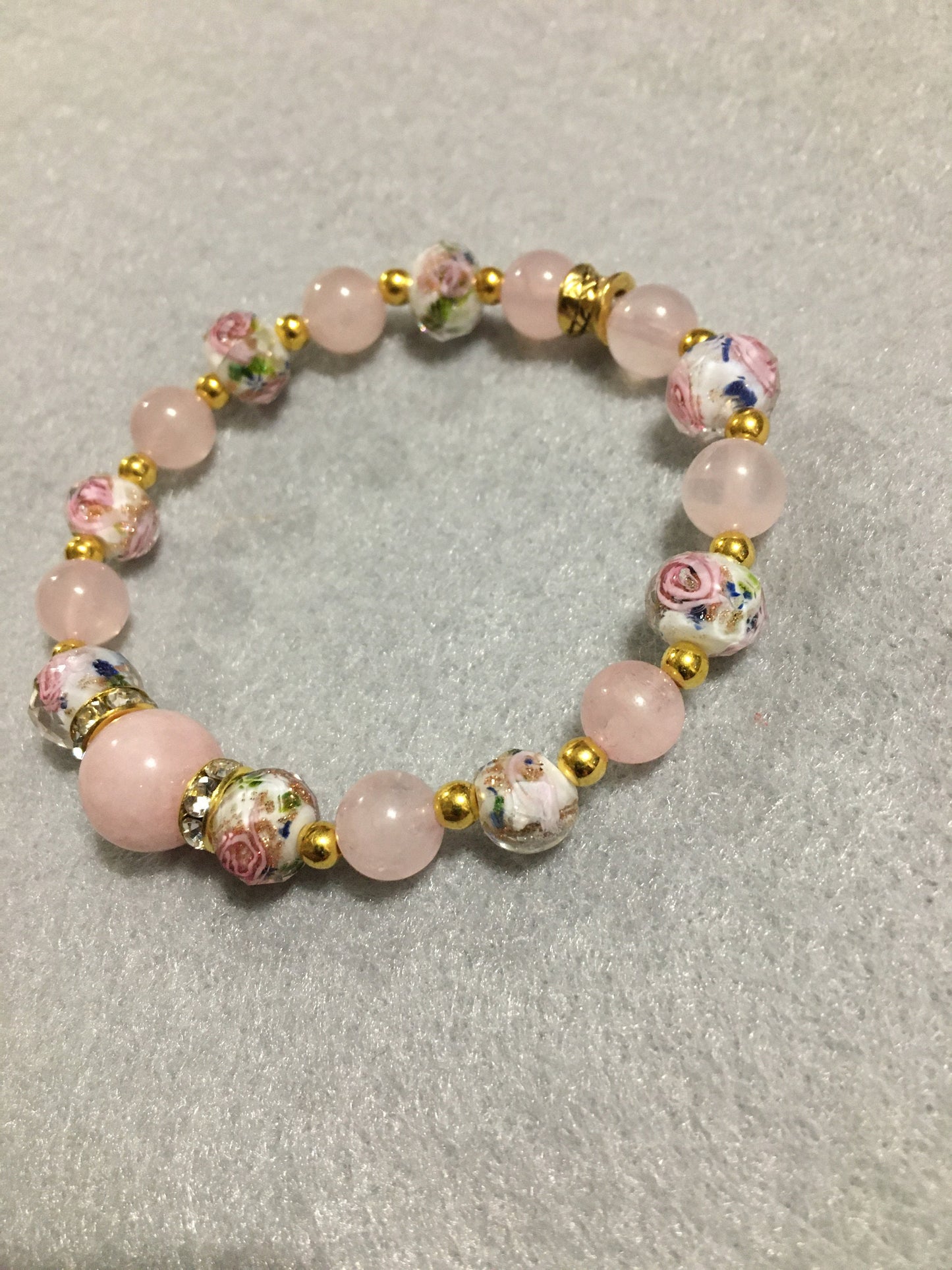 Handmade Rose Quartz Bracelet: Lampwork Floral Glass Beads