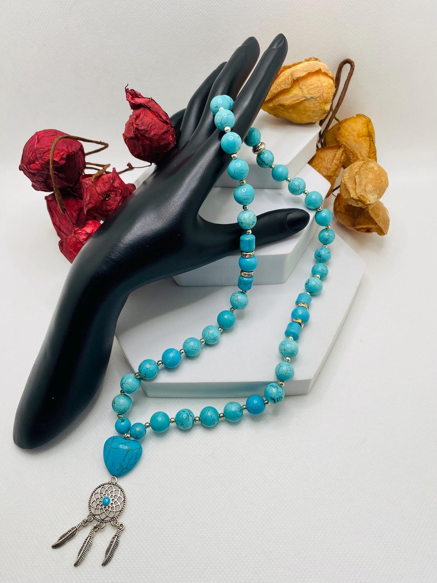 Handmade Turquoise Heart Necklace: Boho Dreamcatcher Pendant