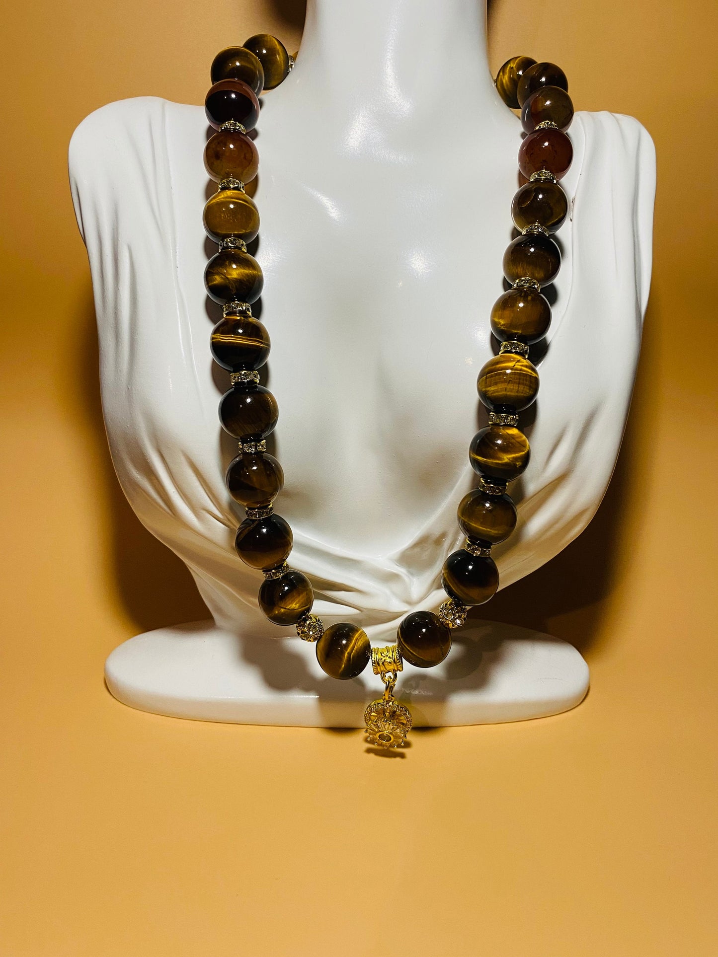 Tigers Eye Beaded Necklace with Gold Sunflower Charm