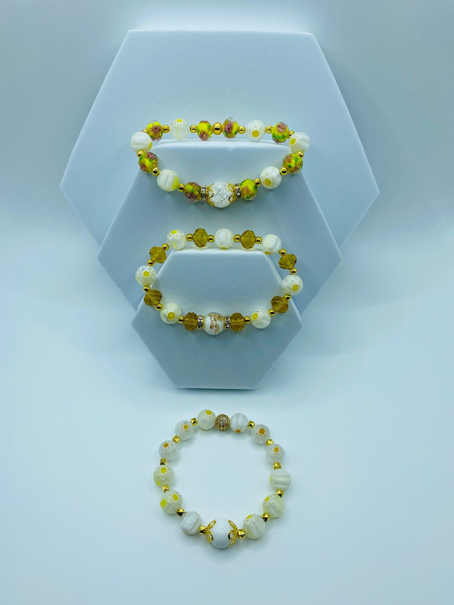 White Jade Bracelet: Millefiori Lampwork Glass Beads, 18k Gold-Plated Accents