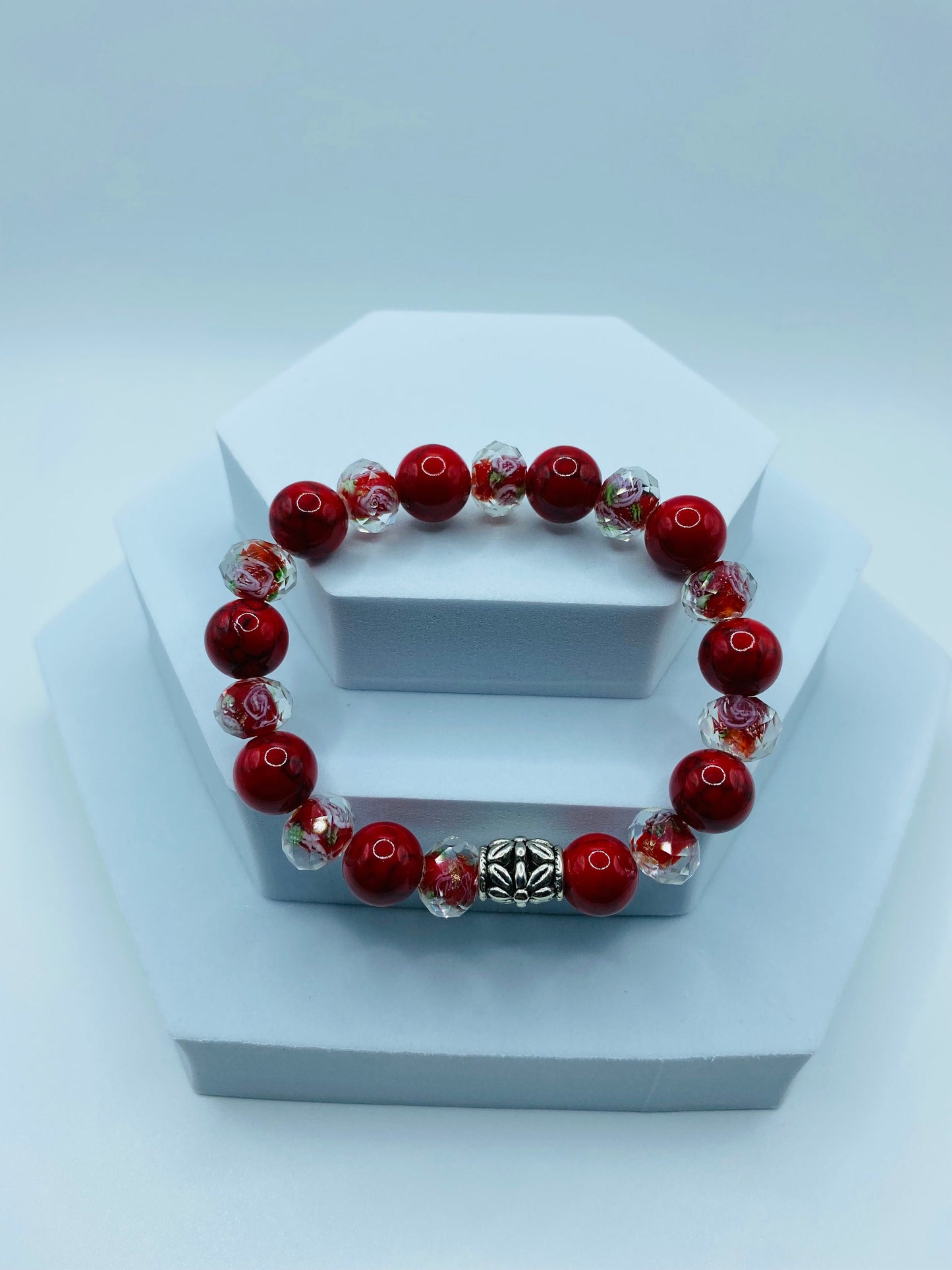 Red Turquoise Bracelet: Bohemian Lampwork Floral Glass Bead Jewelry
