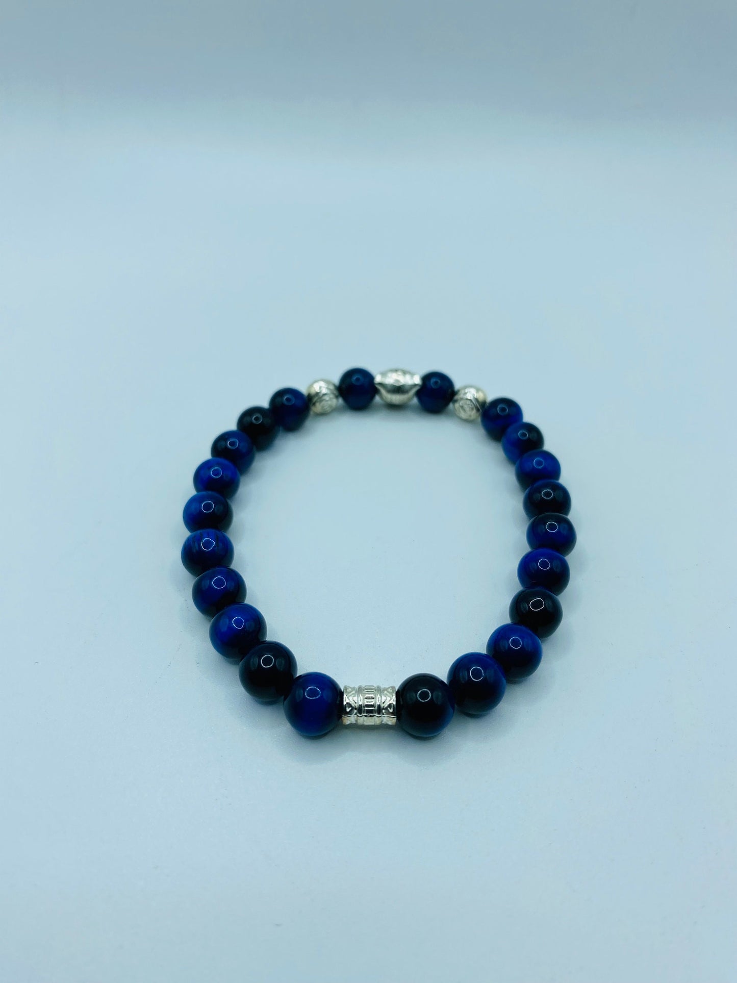 Blue Tiger's Eye Bracelet: Leopard Charm, Silver Beads