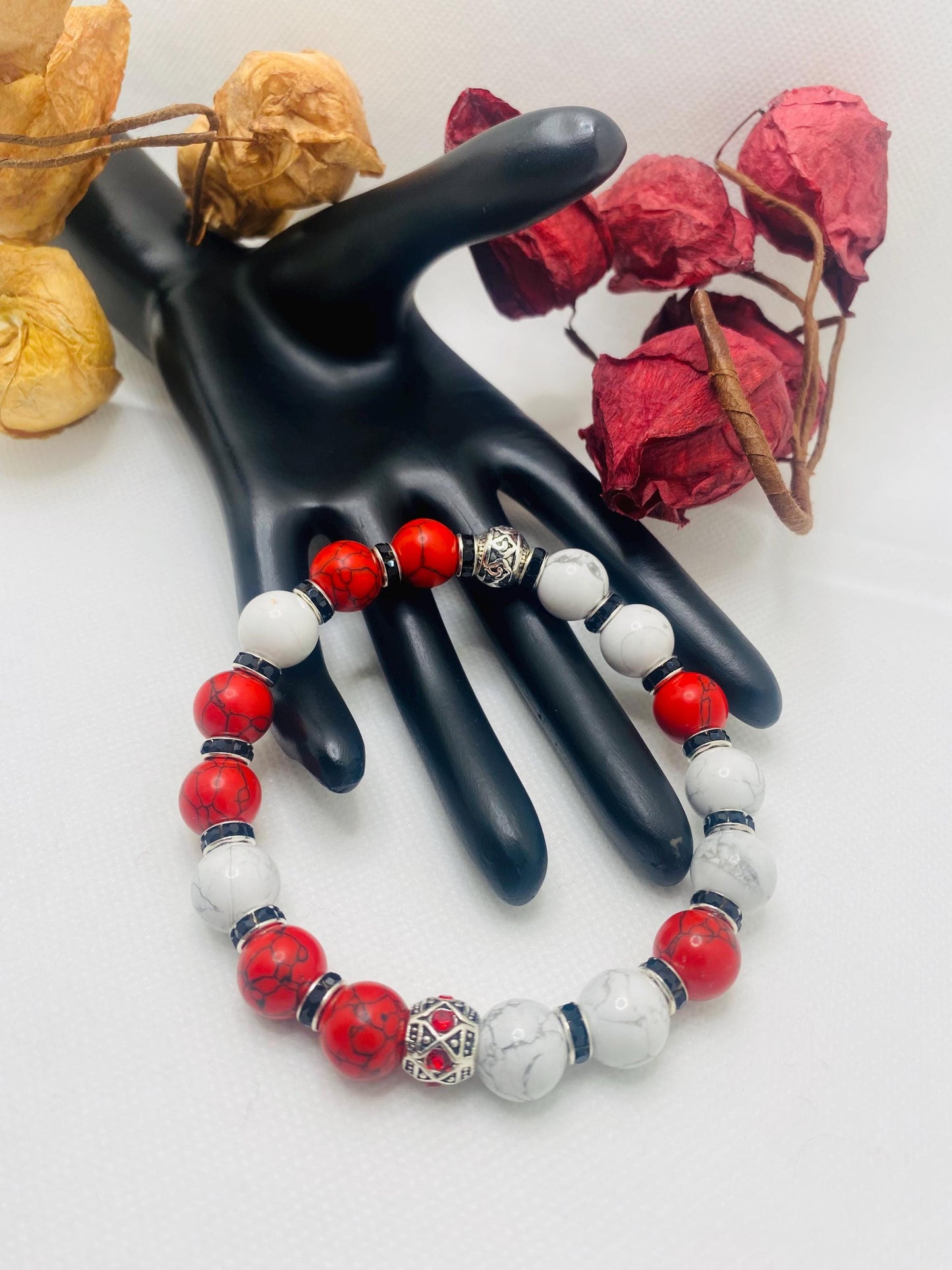 Mens Red Turquoise & Howlite Beaded Bracelet: Silver Rhinestone Charm