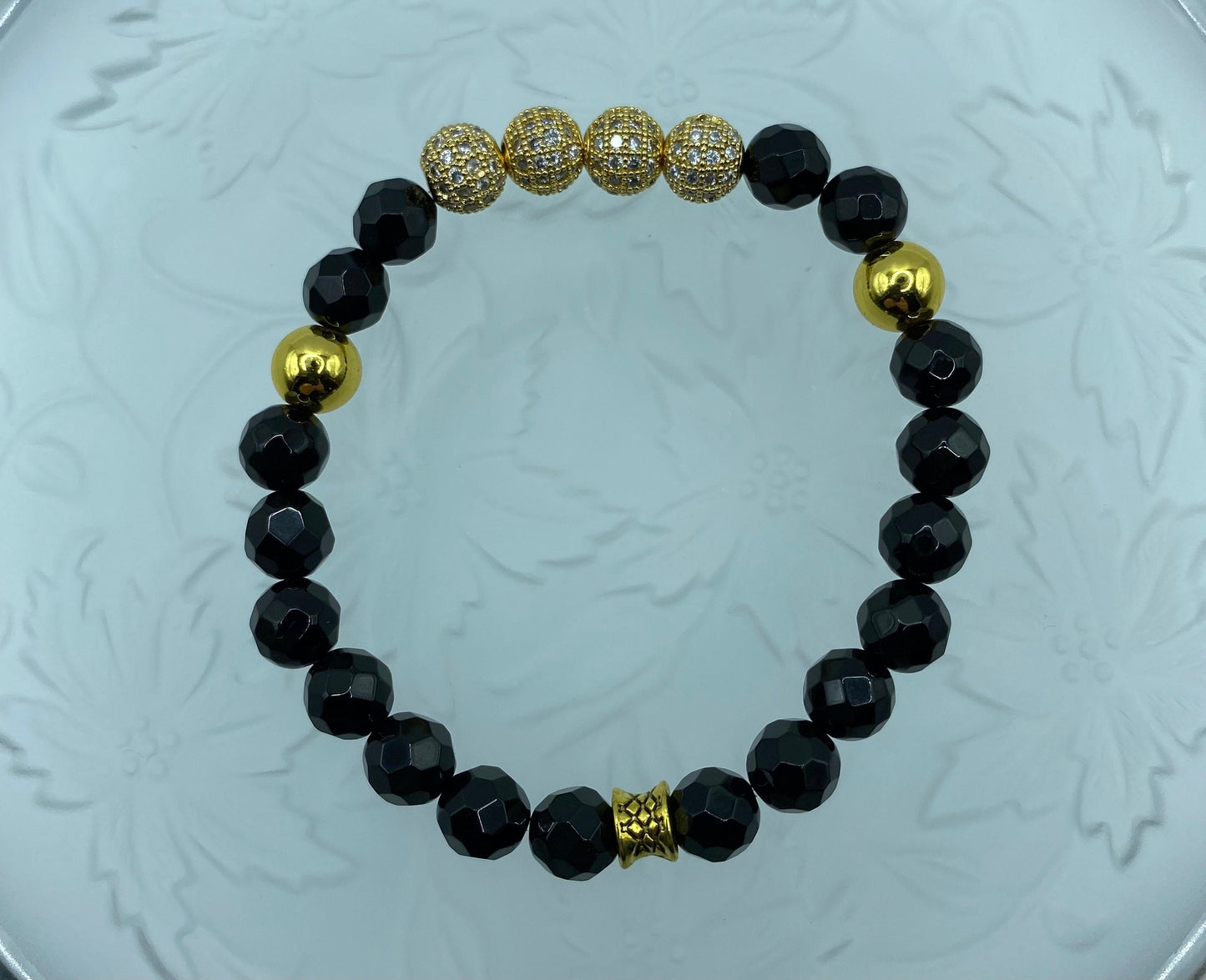 Black Onyx Bracelet for Men: Gold CZ Inlaid Beads, Hematite Gemstone