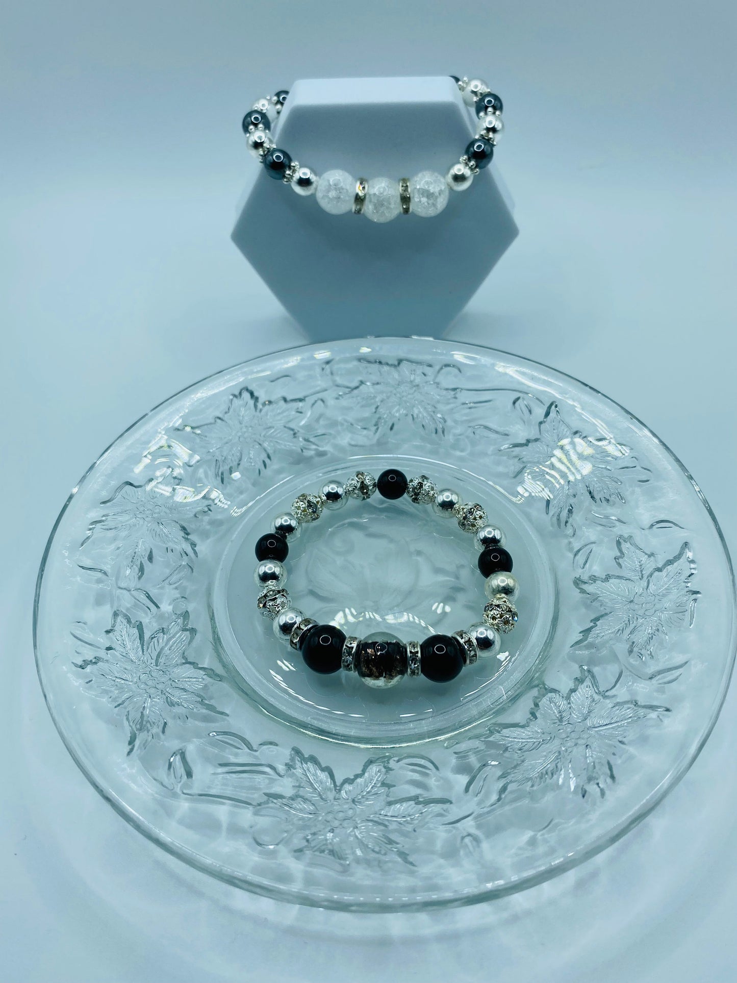 Men's Silver Hematite & Onyx Bracelet with Lampwork Glass Beads