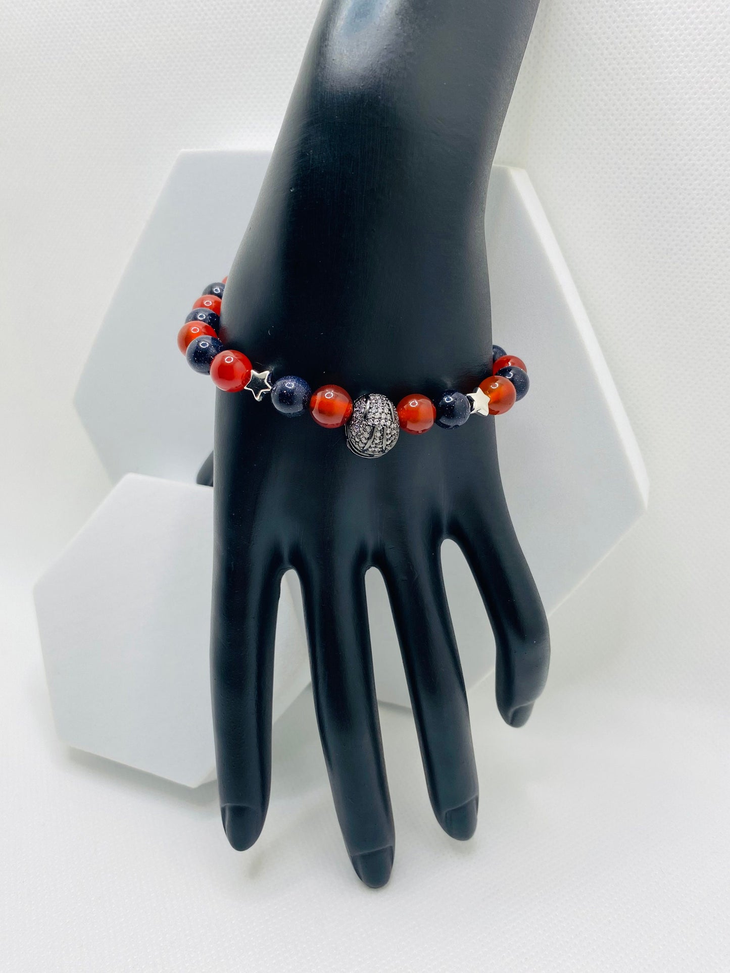 Houston Texans Bracelet: Carnelian, Sandstone Beads & Football Helmet Charm