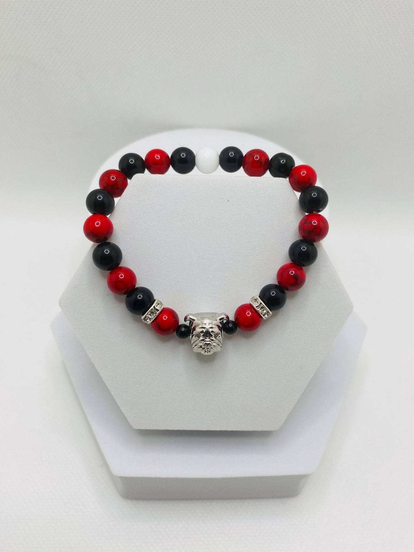 Georgia Bulldogs Gemstone Bracelet: Red Turquoise & Black Onyx, Dog Lover Gift