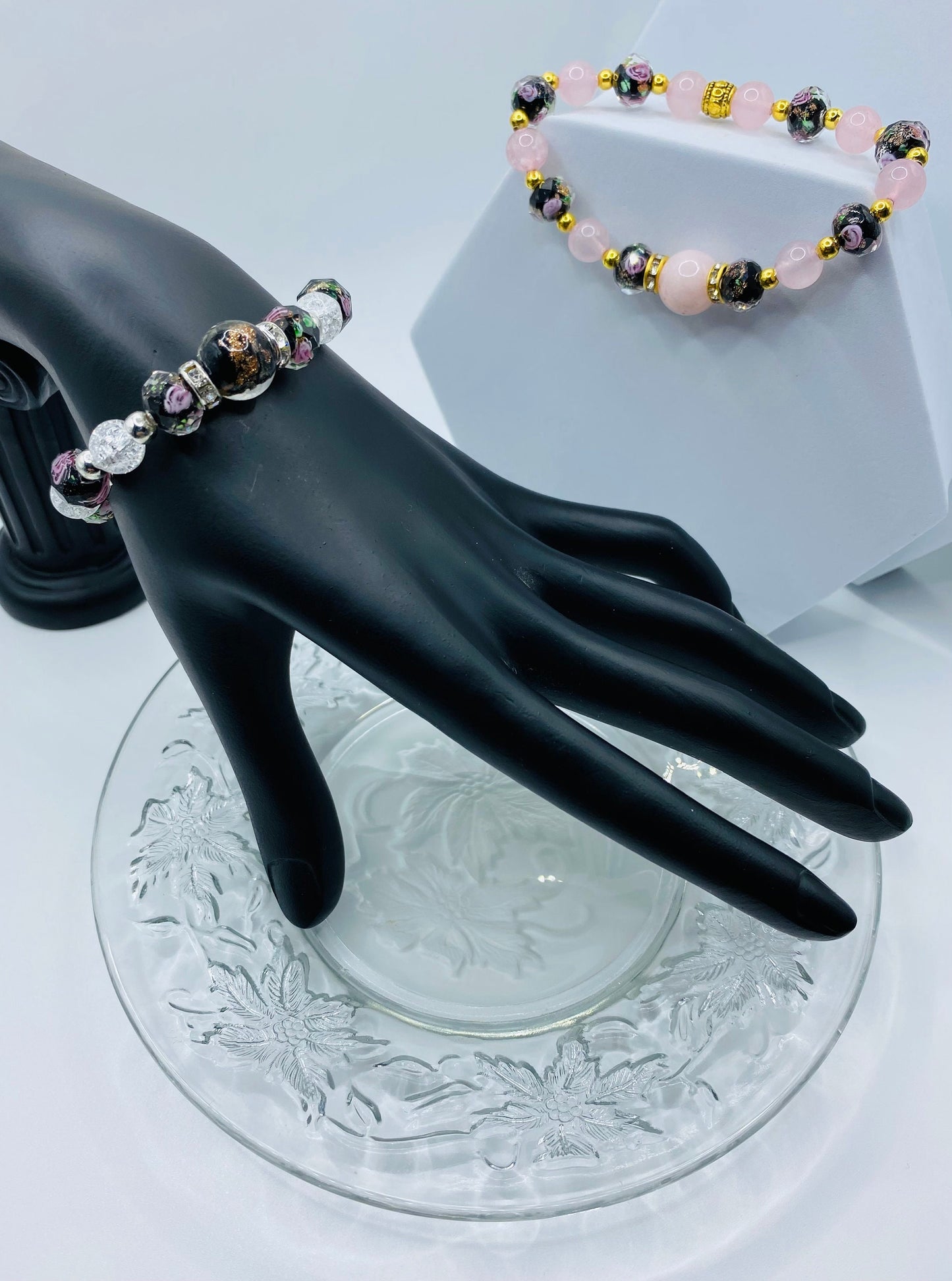 Lampwork Flower Glass Bead Bracelet: Crystal Quartz & Hematite Gemstone
