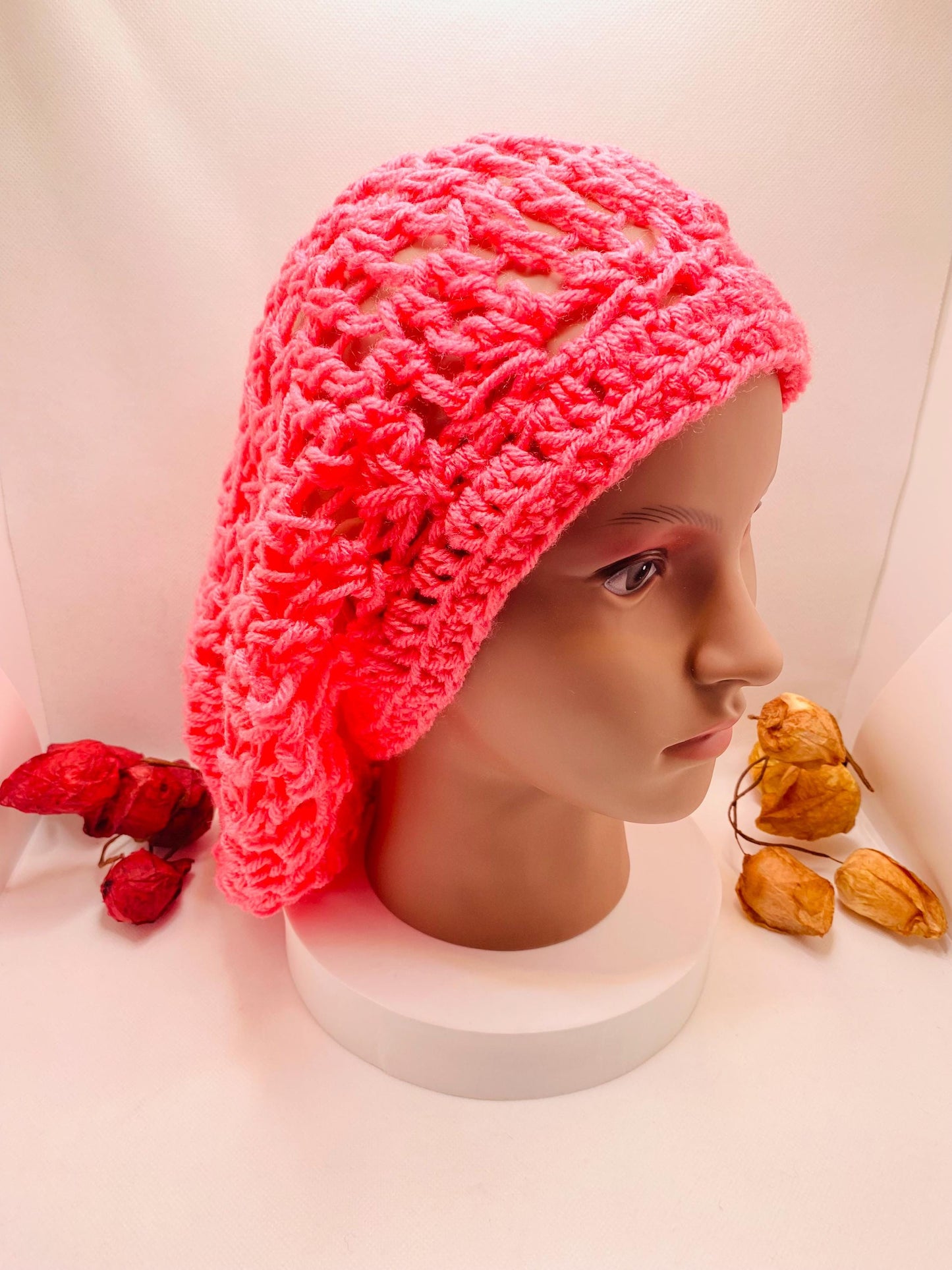 Pink Crochet Slouchy Beanie: Handmade Acrylic Dreadlock Hat