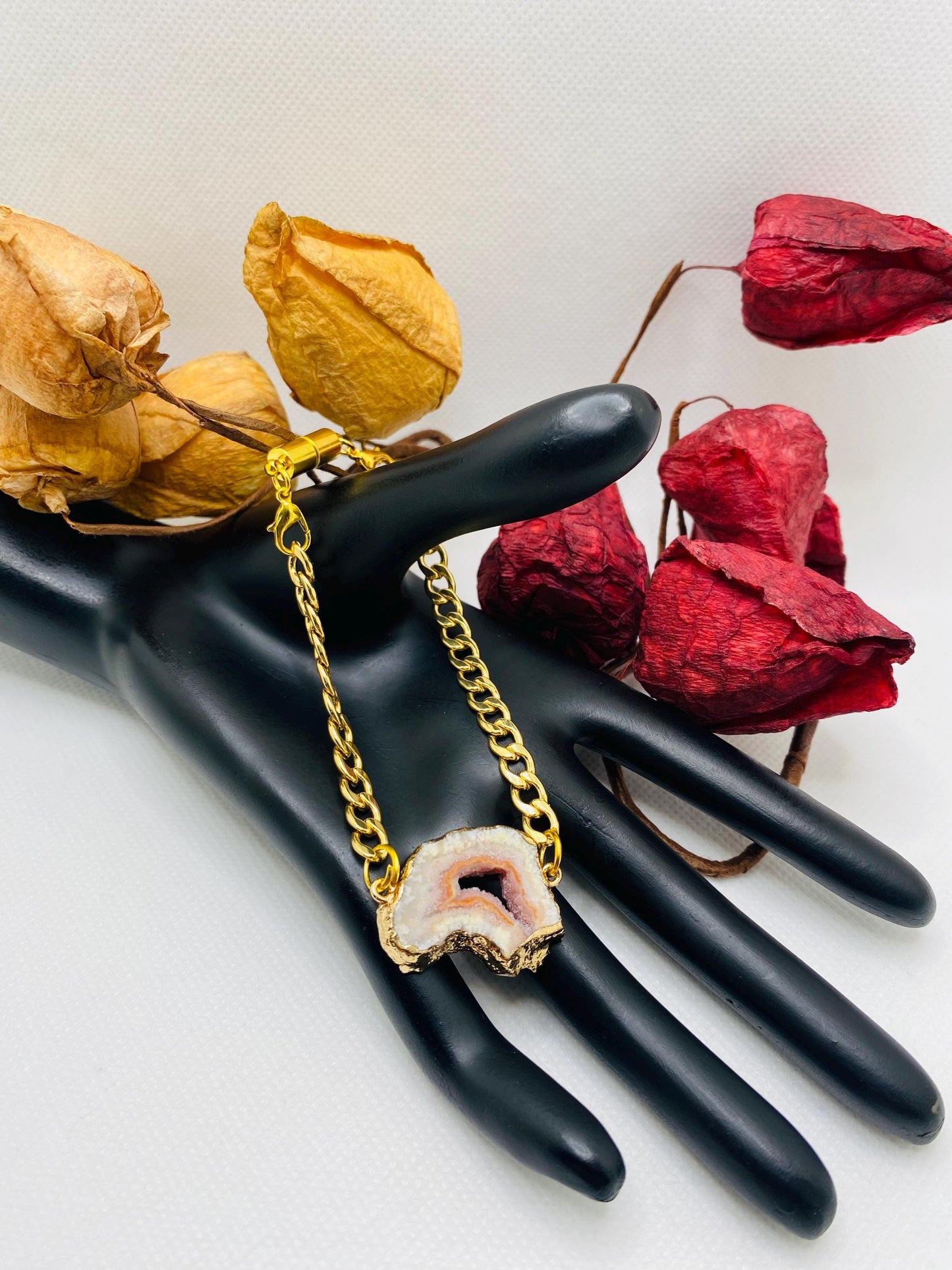 Handmade 18k Gold Cuban Link Bracelet: Geode Agate Gemstone, Magnetic Clasp