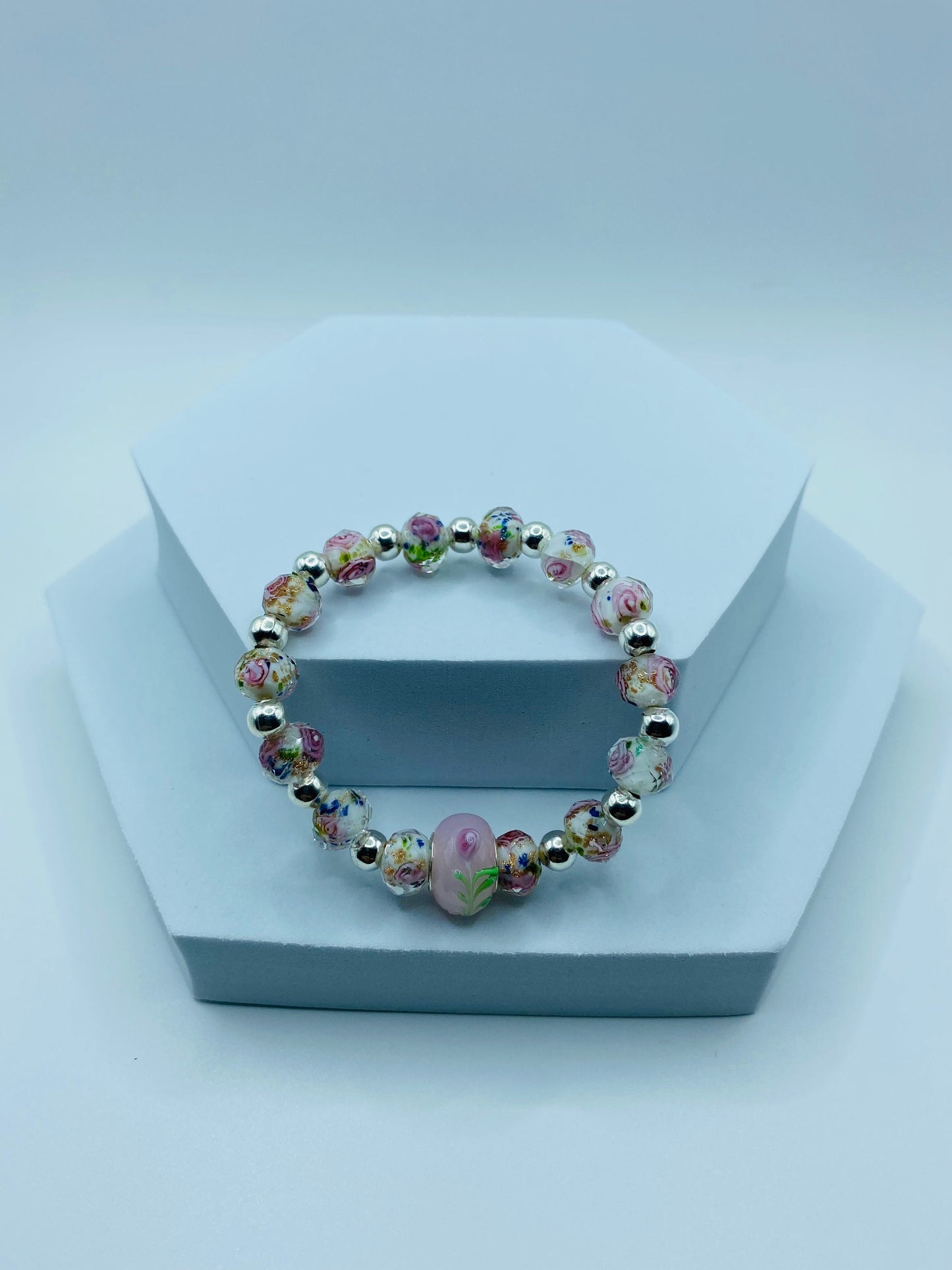 Floral Lampwork Glass Bead Bracelet: Silver Hematite Gemstone Accent