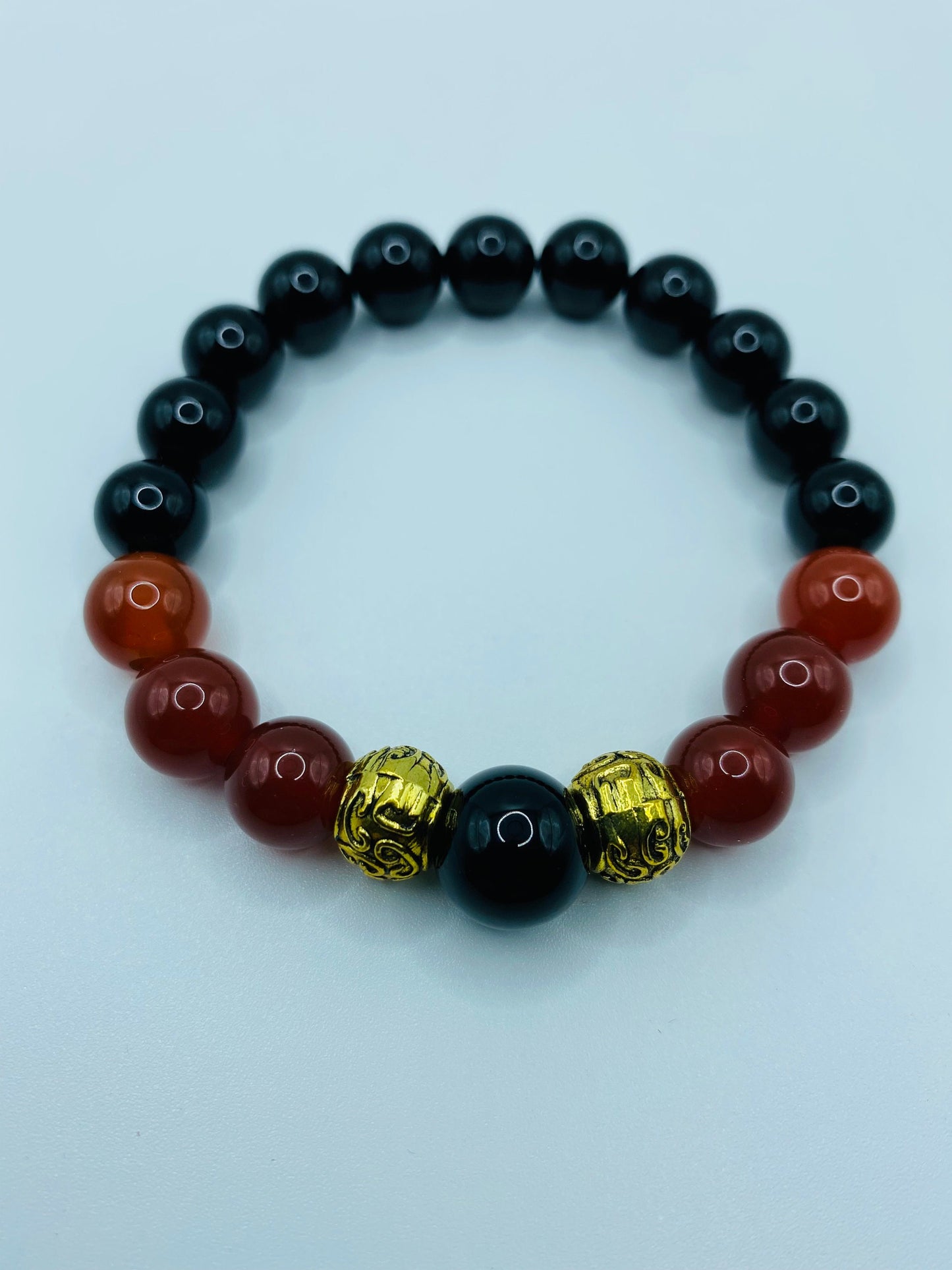 Black Onyx & Red Carnelian Beaded Bracelet - Tibetan Spacer Beads