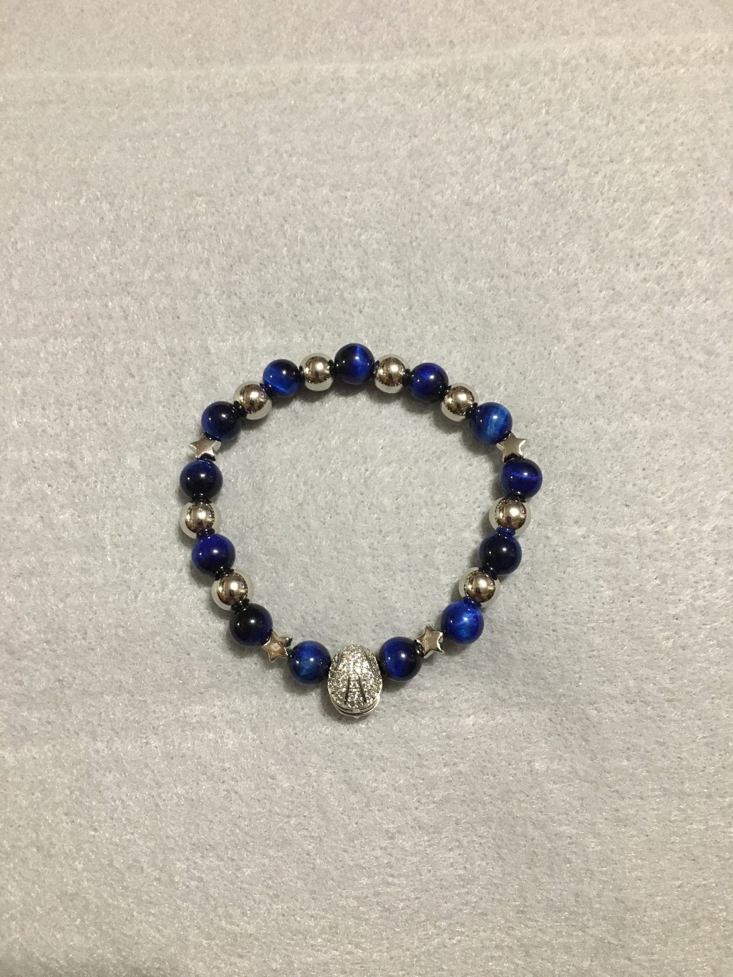 Dallas Cowboys Bracelet: Blue Tigers Eye, Silver Helmet & White Gold Stars