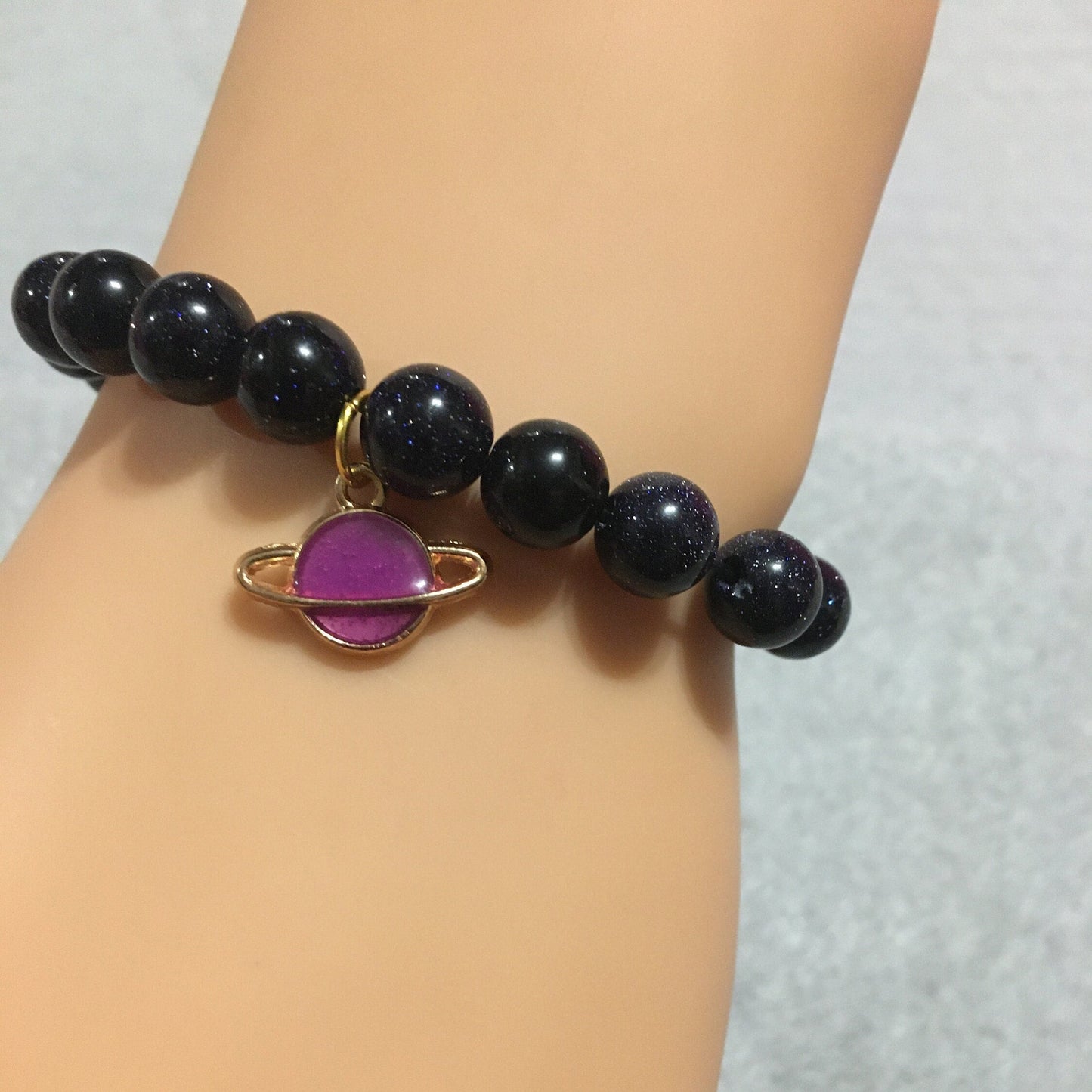 Saturn Charm Bracelet: Blue Goldstone Celestial Jewelry