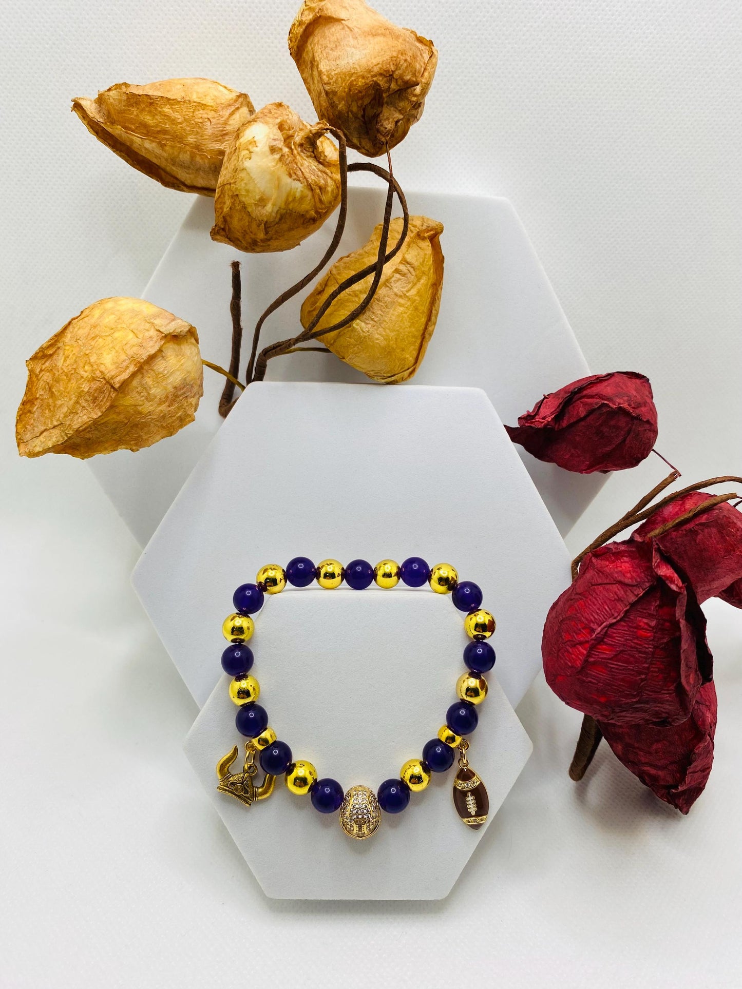 Minnesota Vikings Charm Bracelet: Purple Amethyst & Gold Football Helmet