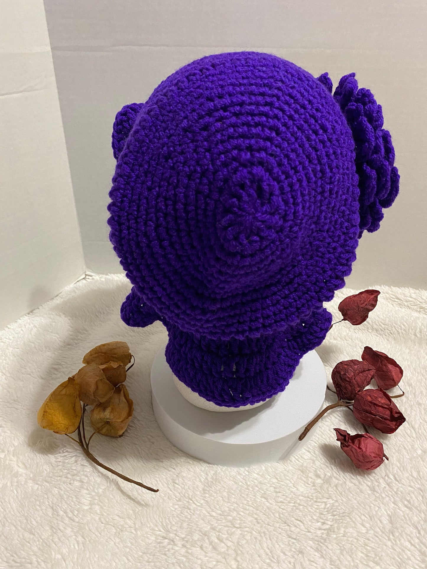 Crochet Bucket Hat with Flower: Violet Acrylic Handmade Women's Hat