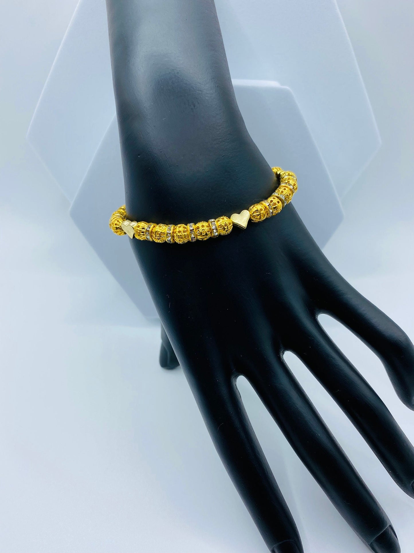 Gold Plated Heart Charm Bracelet: Rhinestone Beaded Jewelry