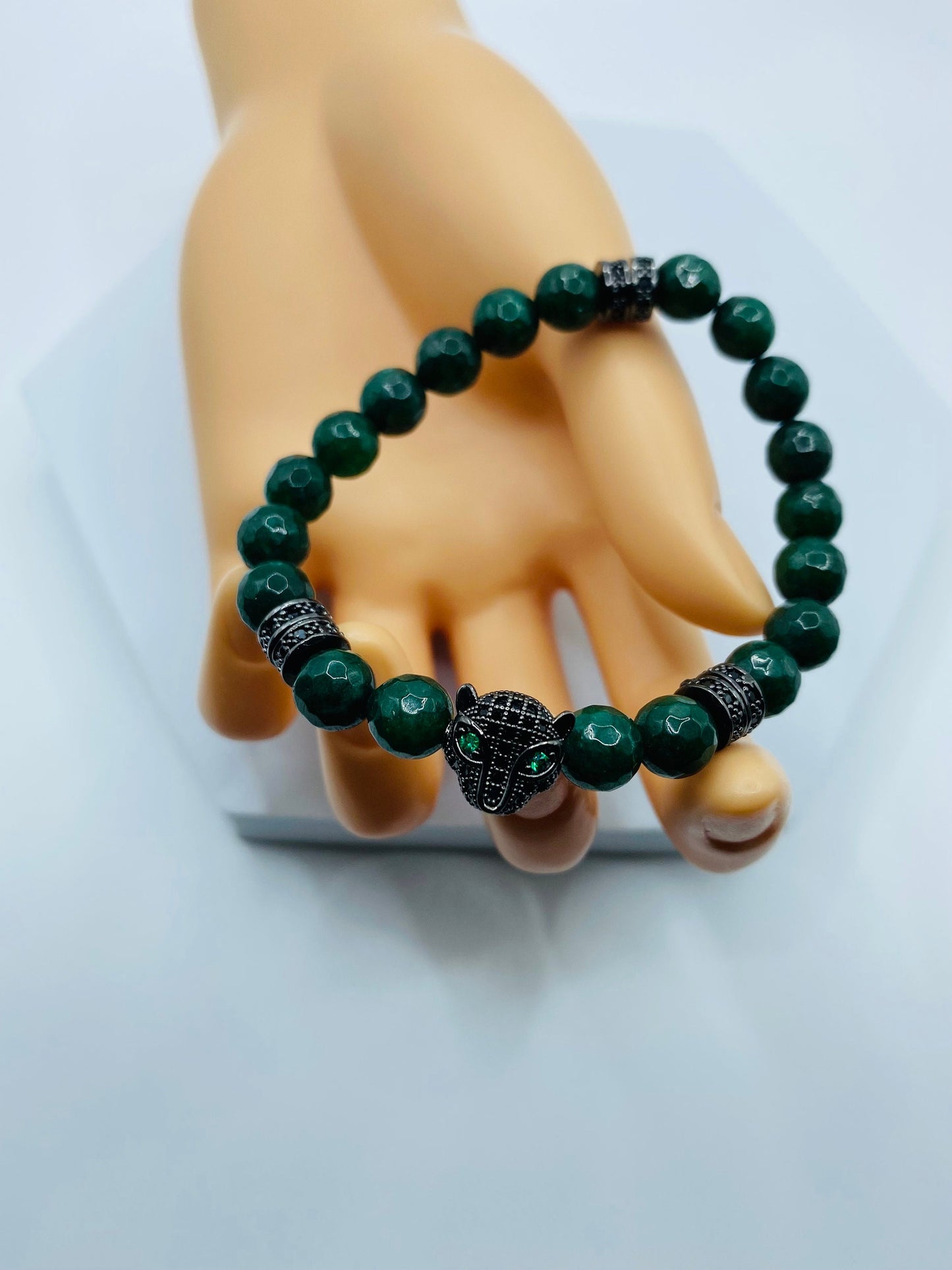 Emerald Green Jade Bracelet: Black Panther Charm, Rhinestone Spacers