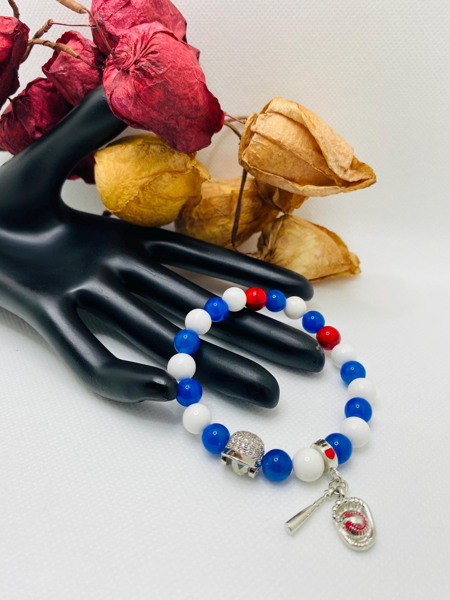 Los Angeles Dodgers Bracelet: Gemstone Beads & Baseball Charms
