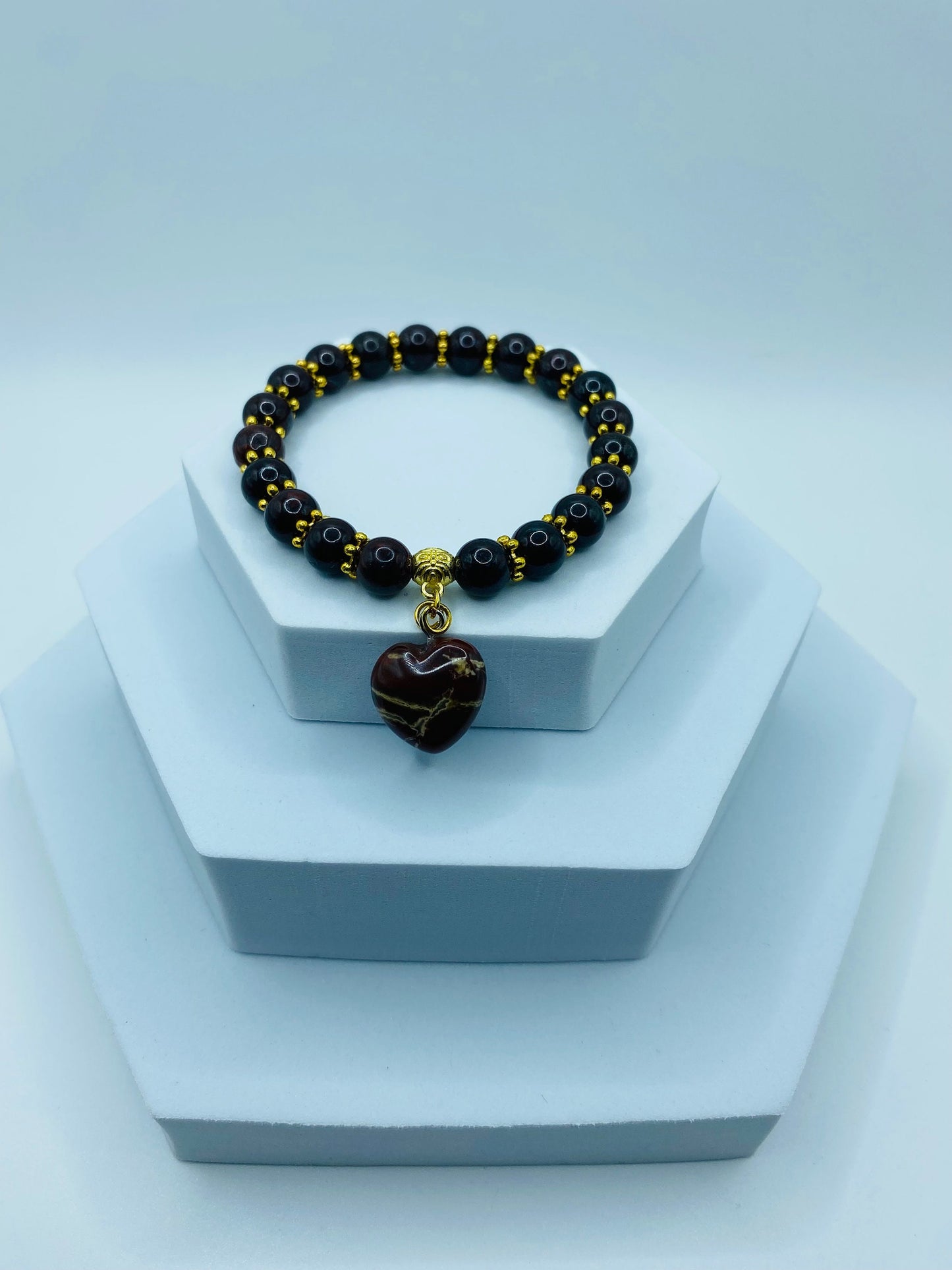 Poppy Jasper Heart Pendant Bracelet: Gold Accents, Gemstone Beads