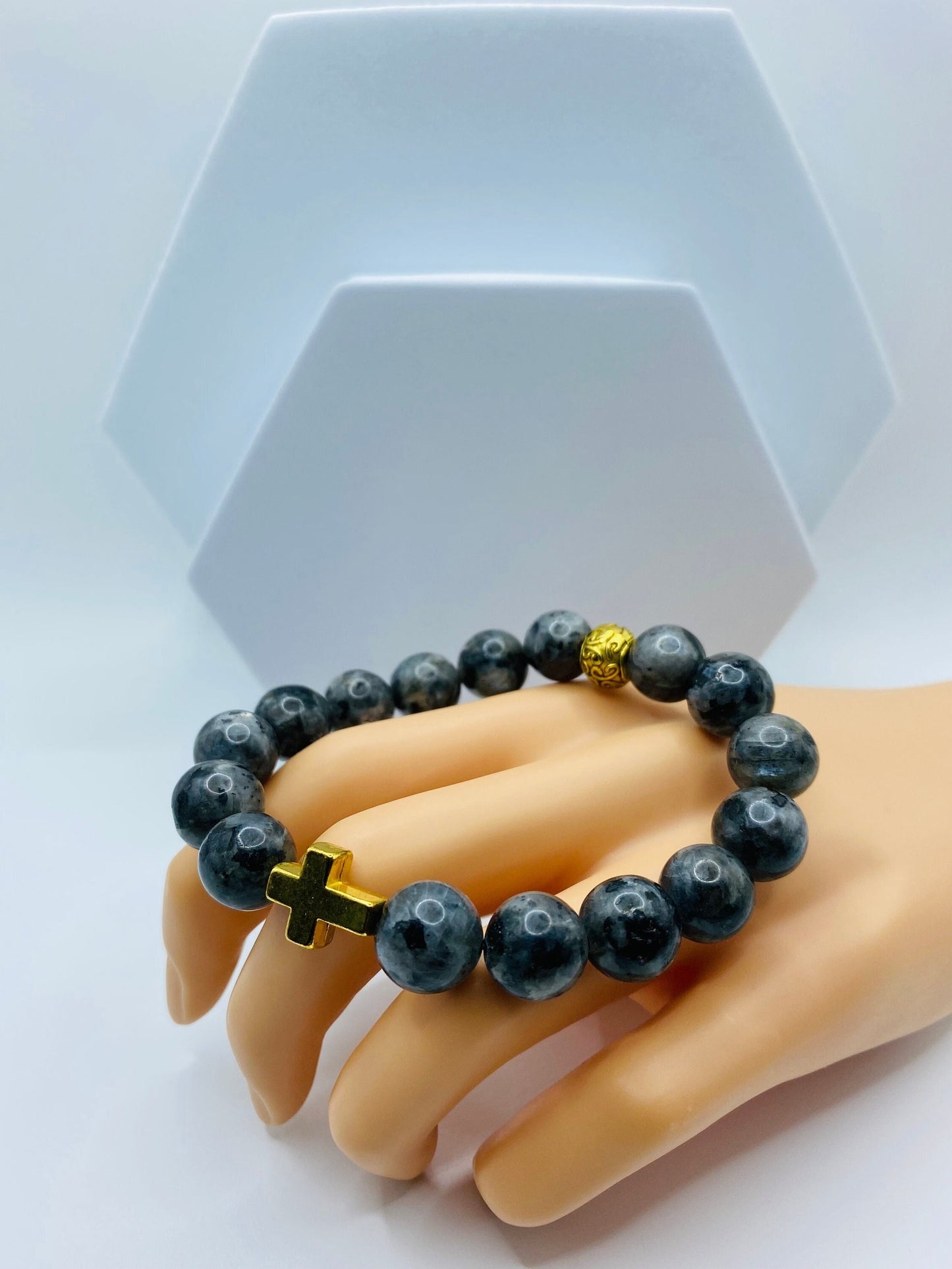 Labradorite Bracelet with Gold Cross Charm: Religious Jewelry Gift