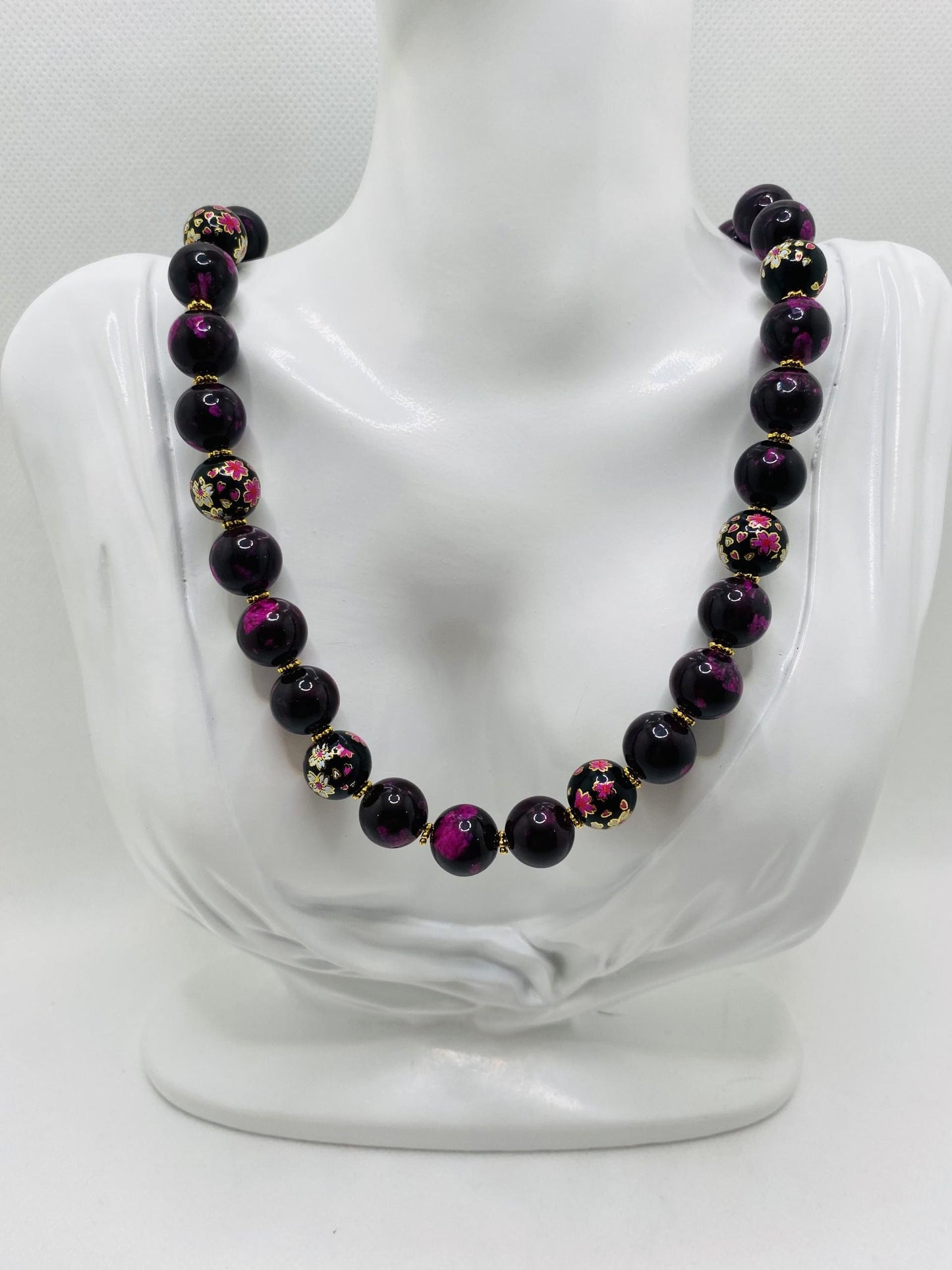 Dark Red Jasper Beaded Necklace: Floral Glass & Gold Accents