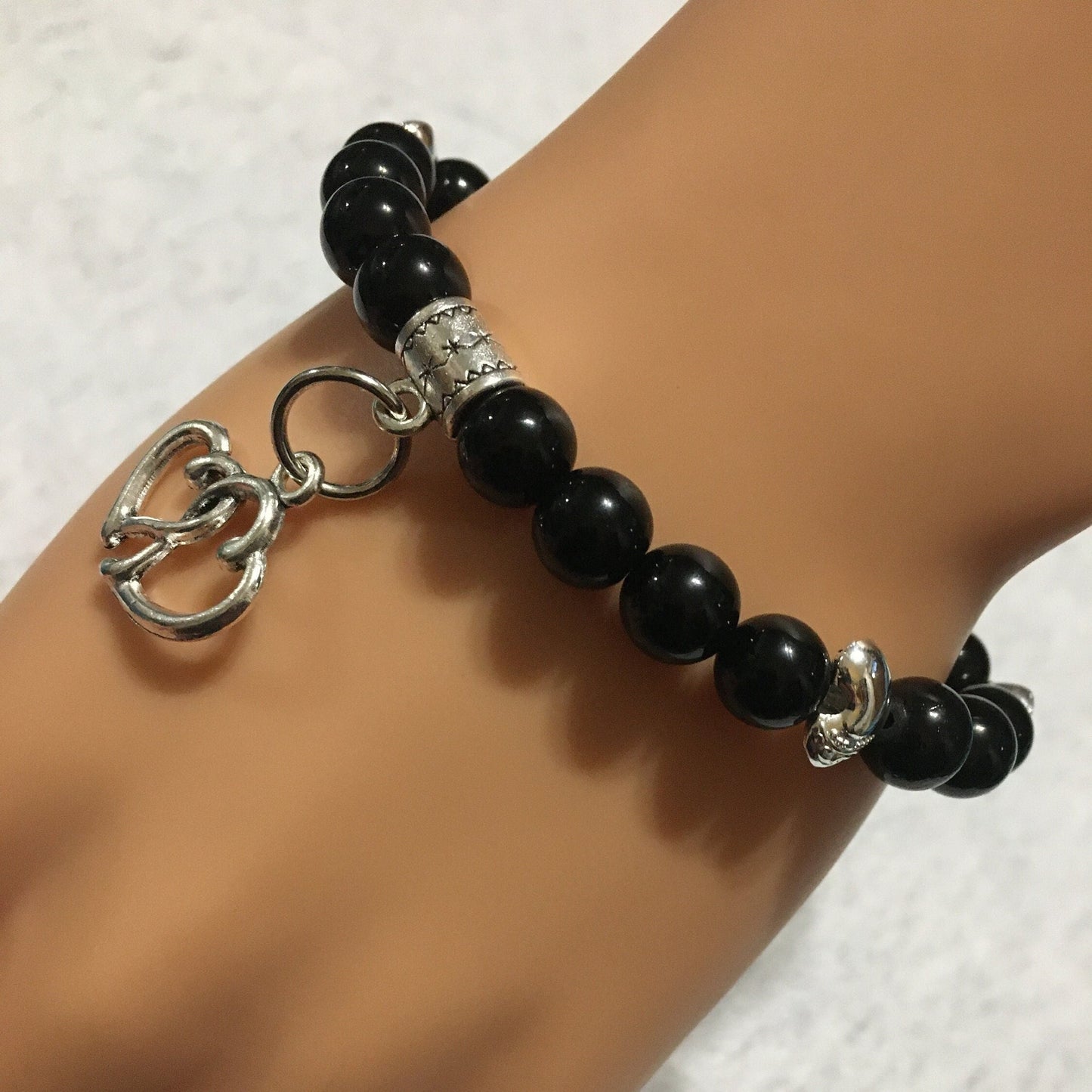 Black Tourmaline Bracelet with Intertwined Heart Charm