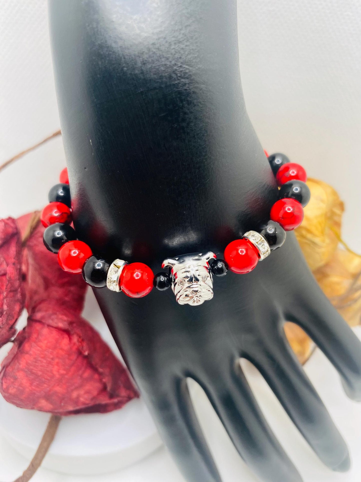Georgia Bulldogs Gemstone Bracelet: Red Turquoise & Black Onyx, Dog Lover Gift
