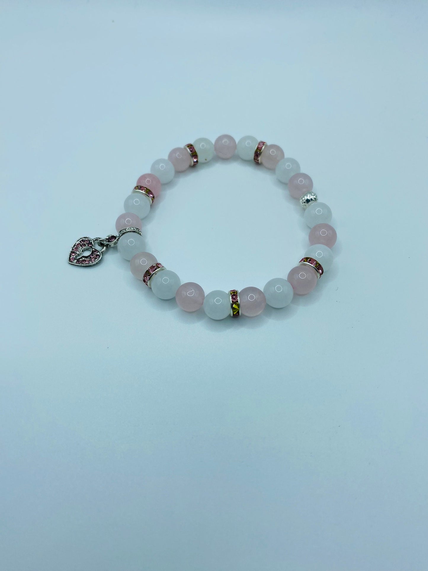 Heart Locket Charm Bracelet: Rose Quartz & White Jade Gemstone Beads
