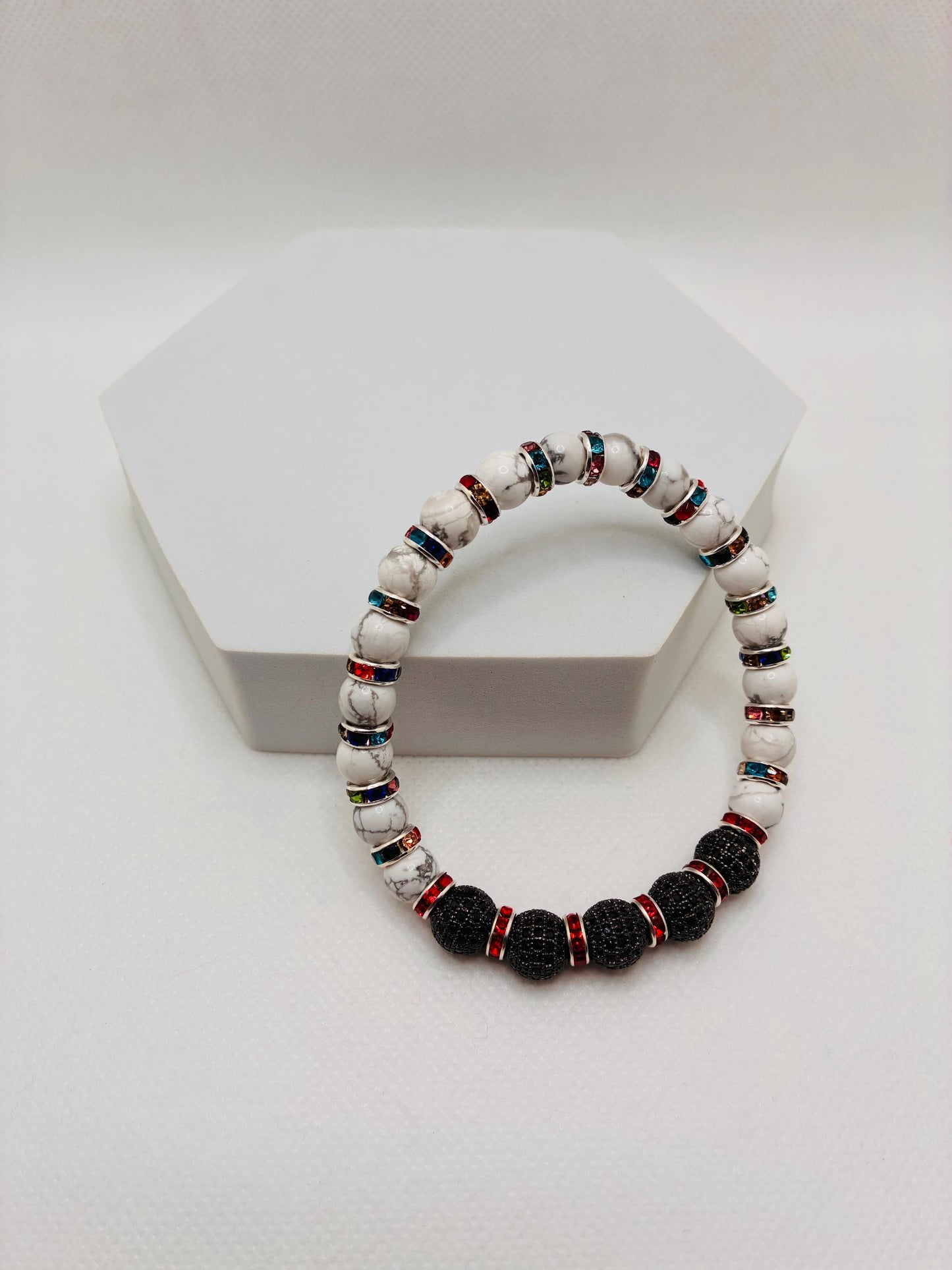 Womens Howlite Bracelet with Zircon Paved Rhinestone Charm Beads, Rainbow Bracelet