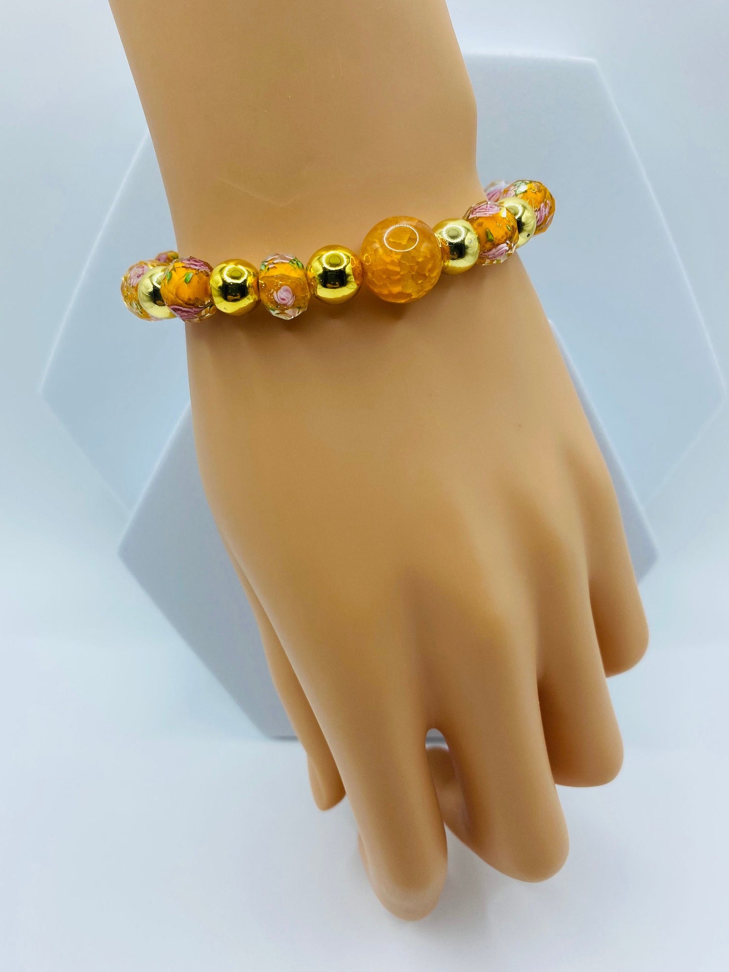 Handmade Fire Agate Bracelet: 18K Gold Hematite & Lampwork Floral Beads