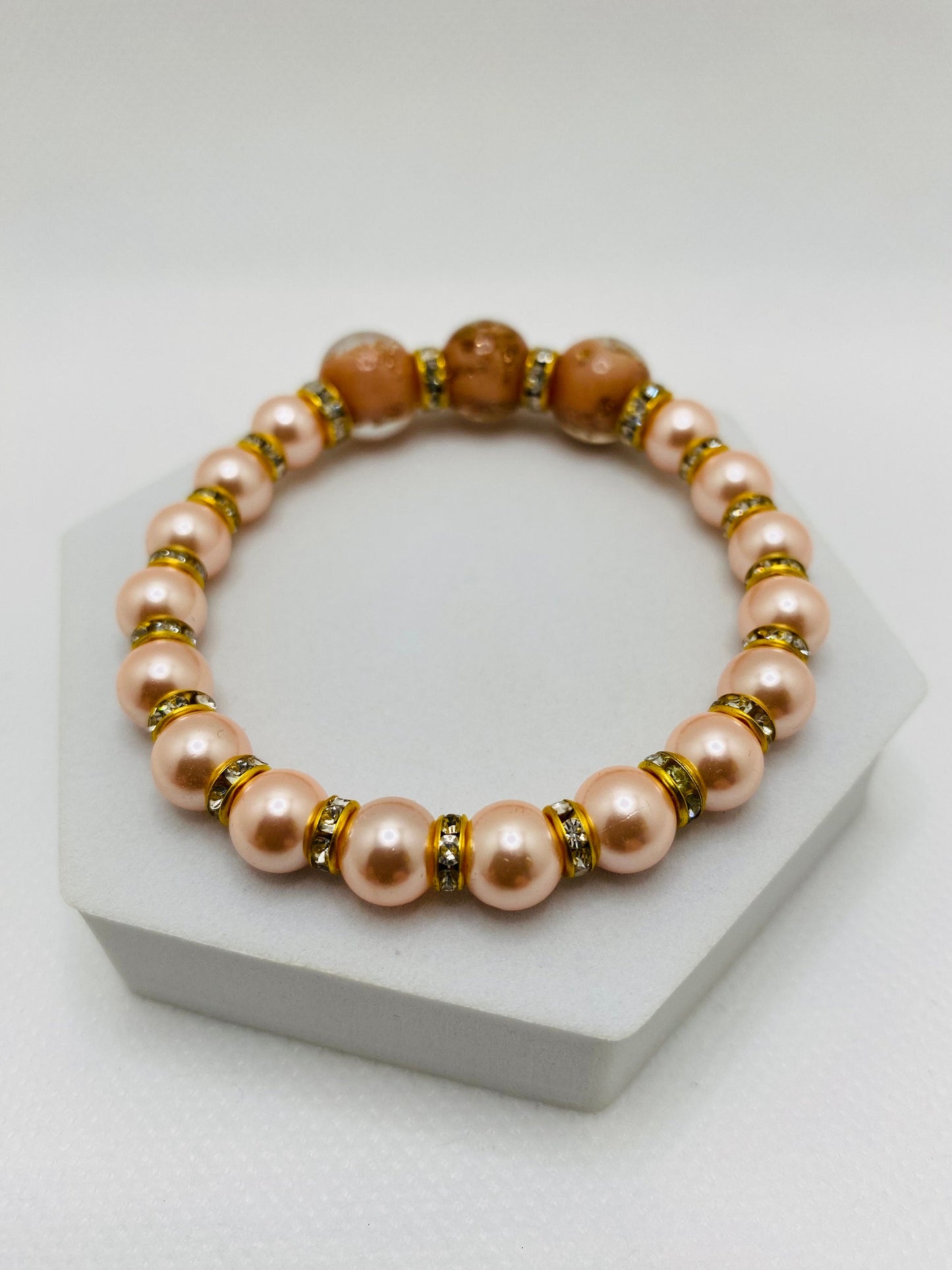 Pink Mother of Pearl Bracelet: Lampwork Glass Beads & Gold Rondelles