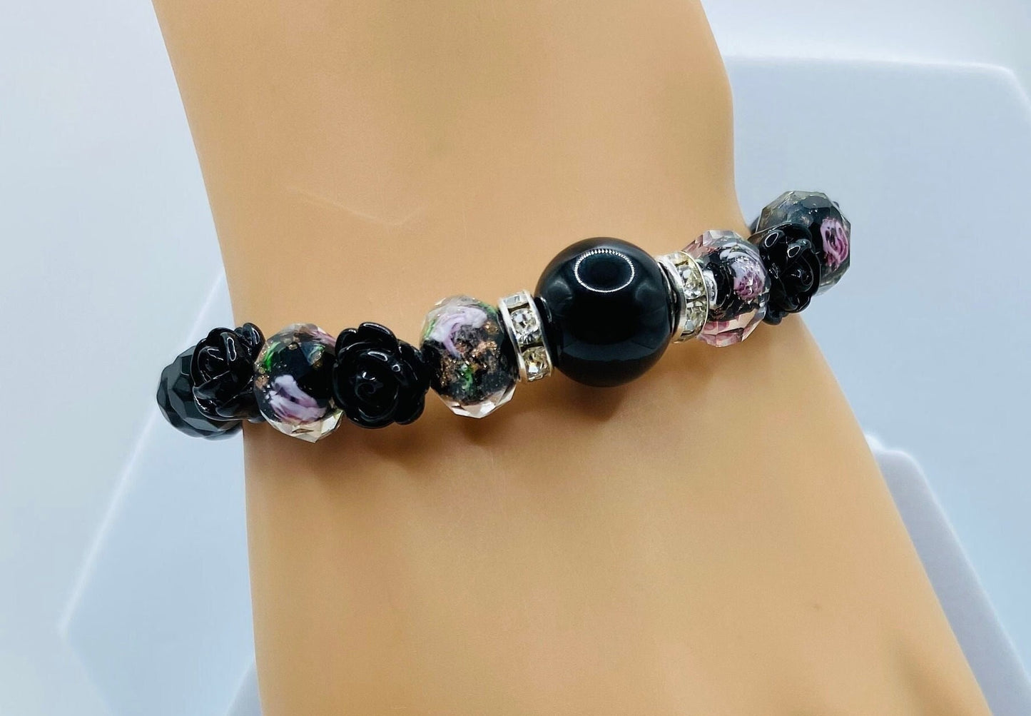 Black Onyx Bracelet: Lampwork Floral Glass Beads & Roses