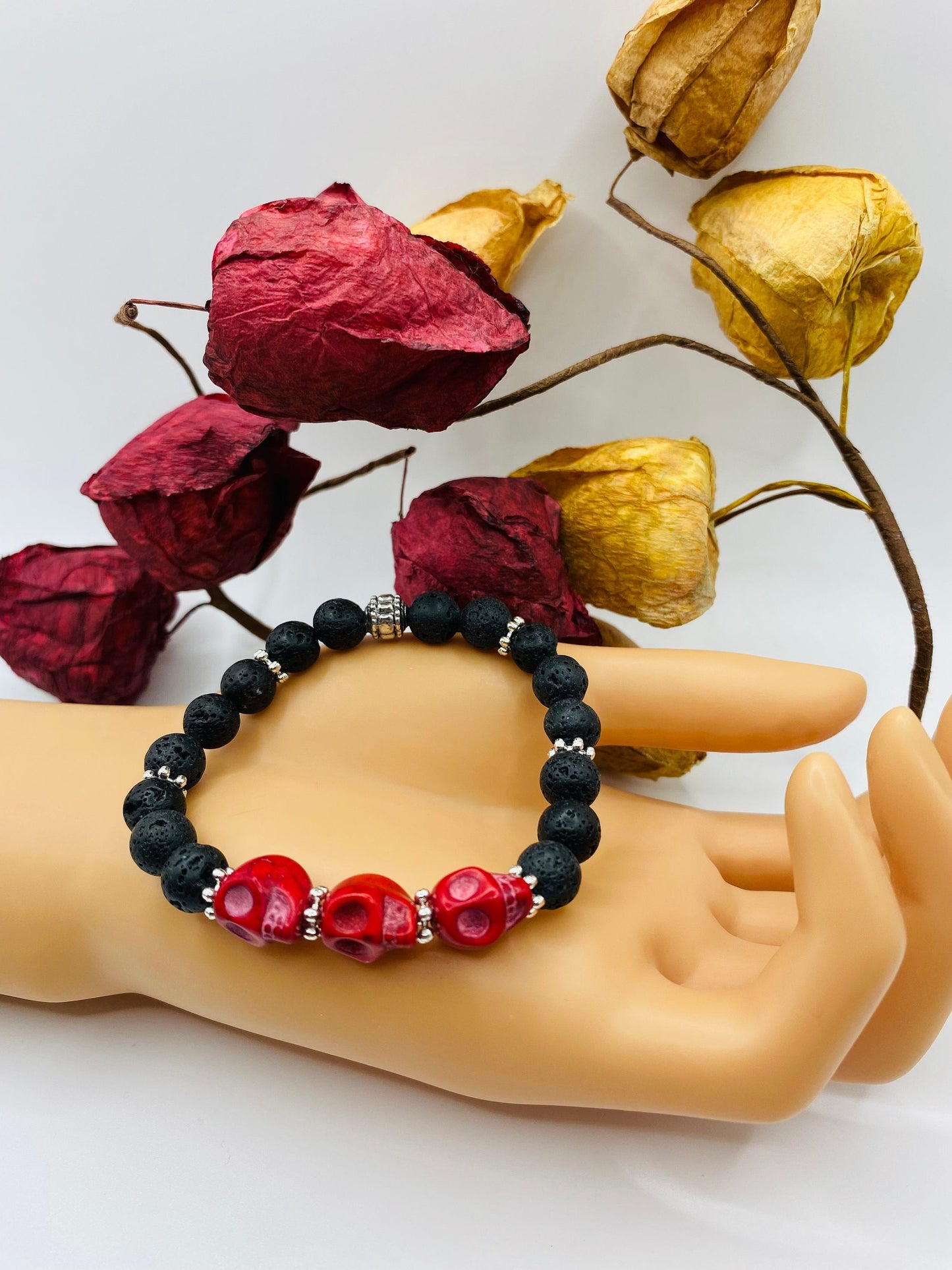Day of the Dead Lava Rock Bracelet, Red Skull Beads - Dia de Los Muertos - Gothic Jewelry - Gift for Him