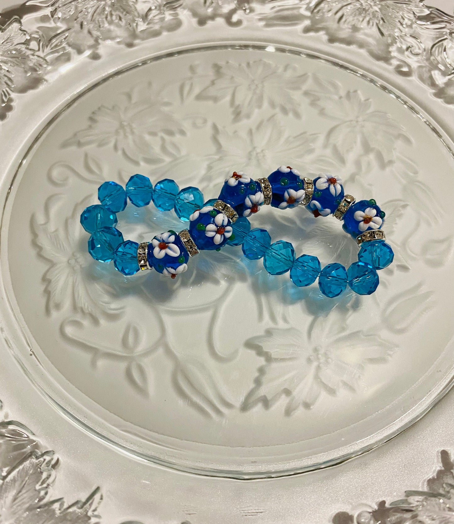 Blue Crystal Bracelet: Floral Lampwork Glass Beads, Rhinestone Rondelles