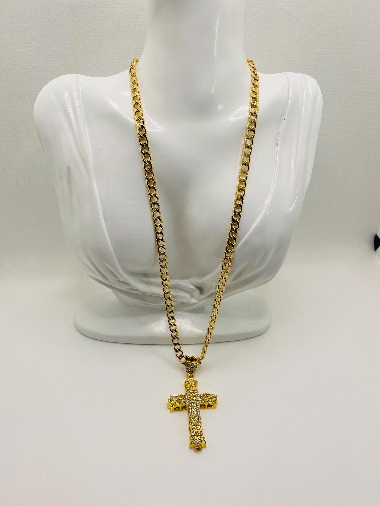 Gold Cross Necklace: Rhinestone Cuban Link Chain, Religious Jewelry