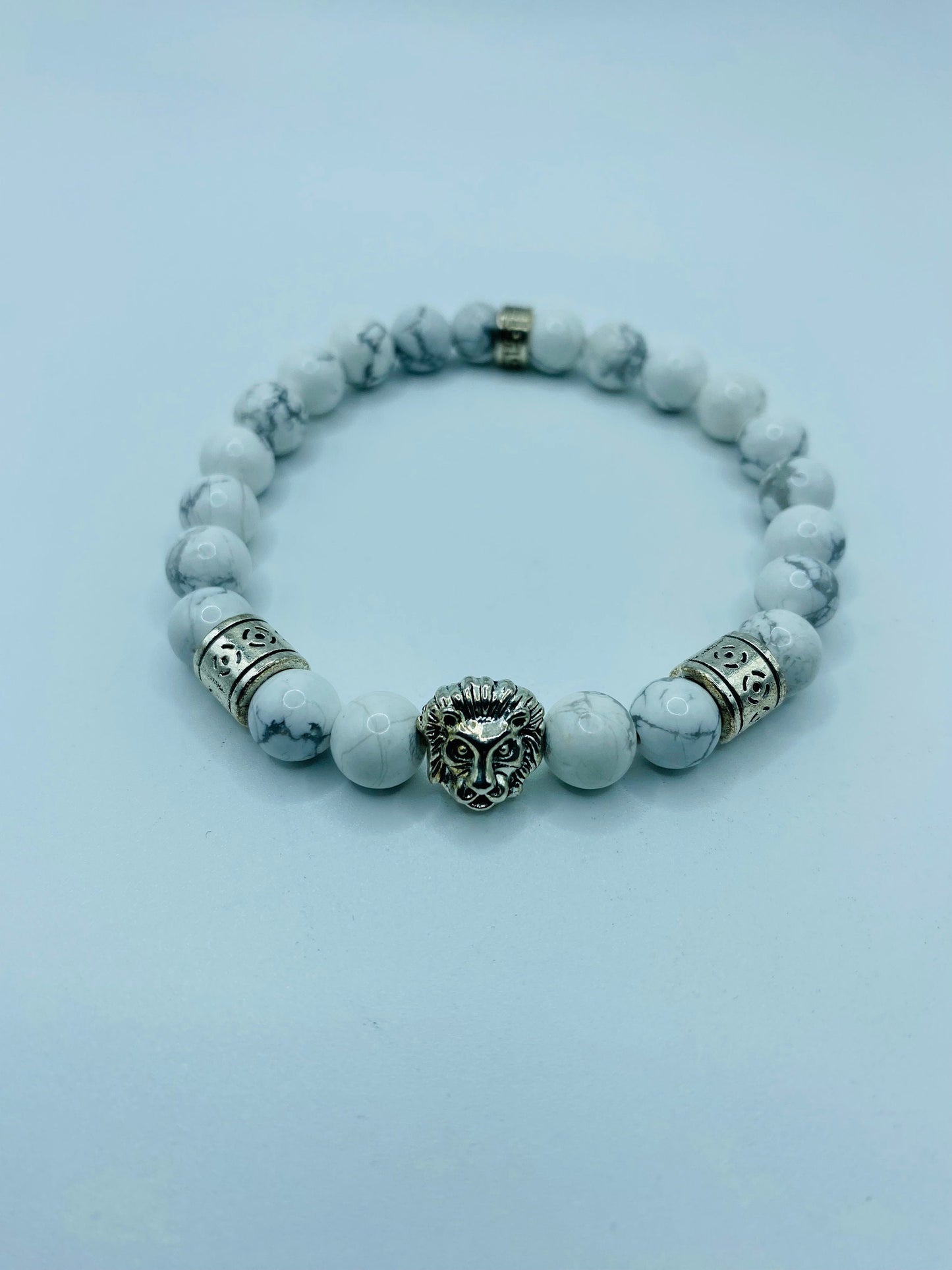 Mens Howlite Bracelet: Lion Charm, Tibetan Silver Spacers