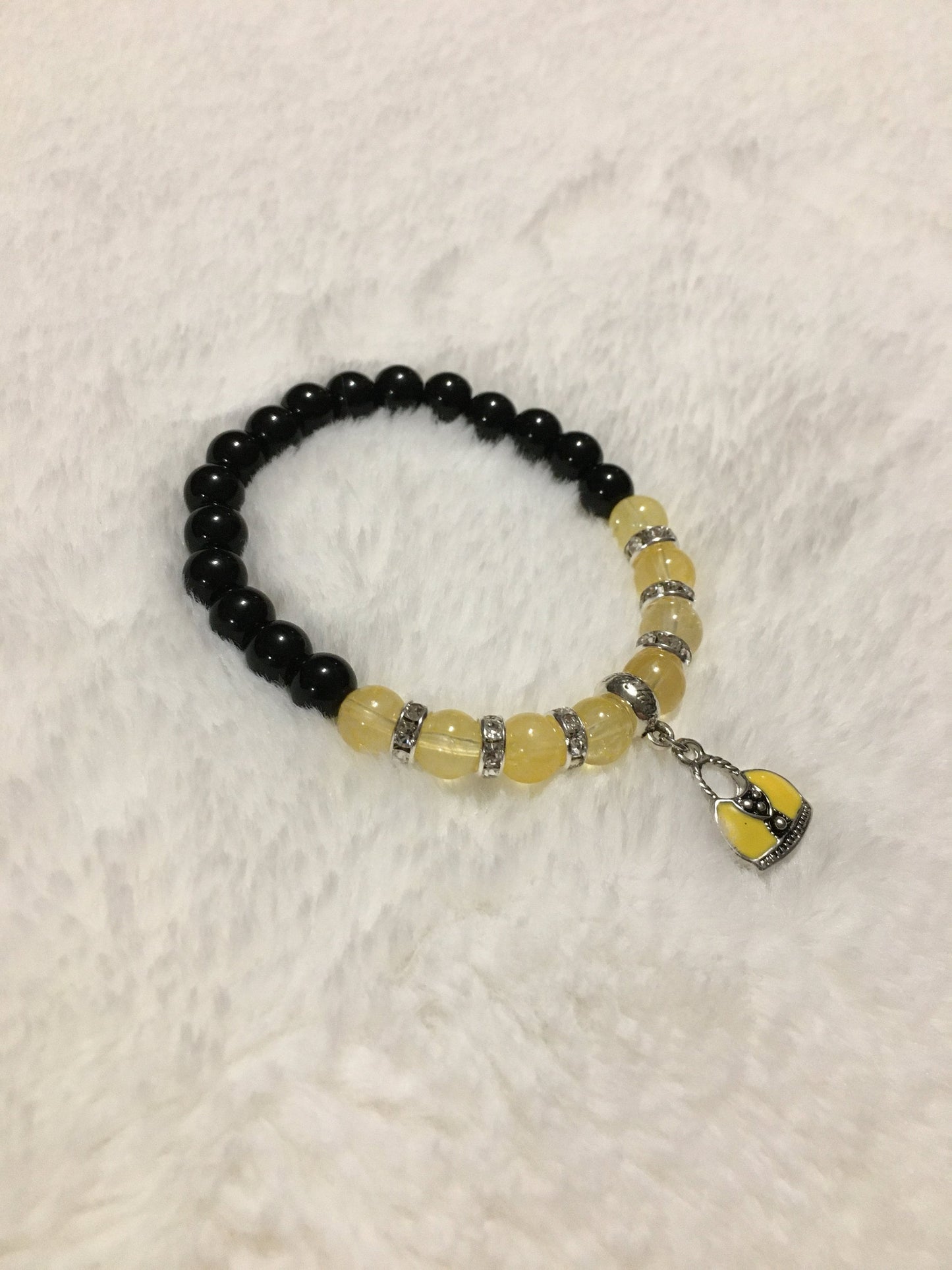 Citrine & Black Onyx Bracelet: Silver Purse Charm, Rhinestone Accents