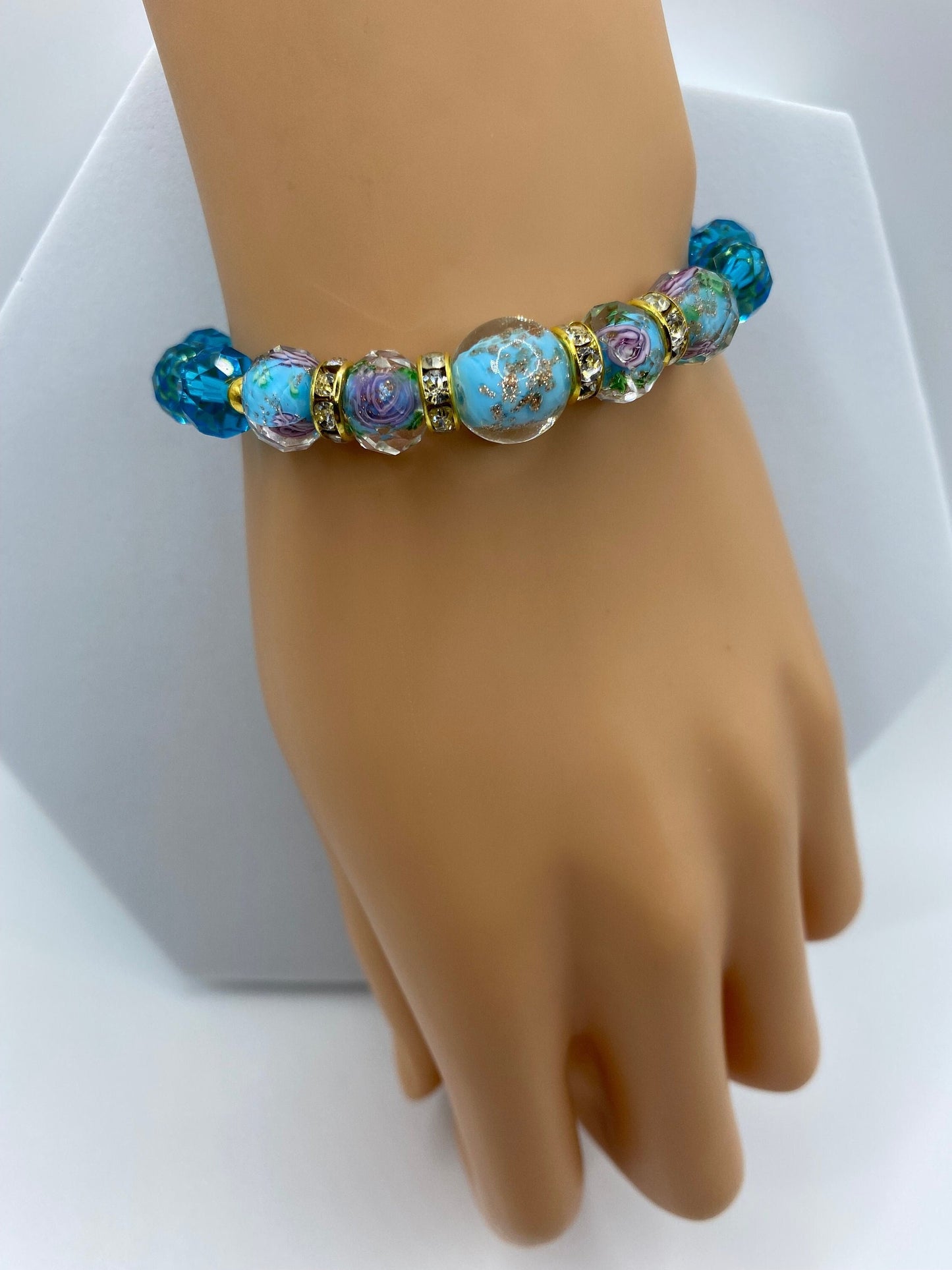 Lampwork Glass Bead Bracelet: Blue Topaz Crystal & 18K Gold Hematite