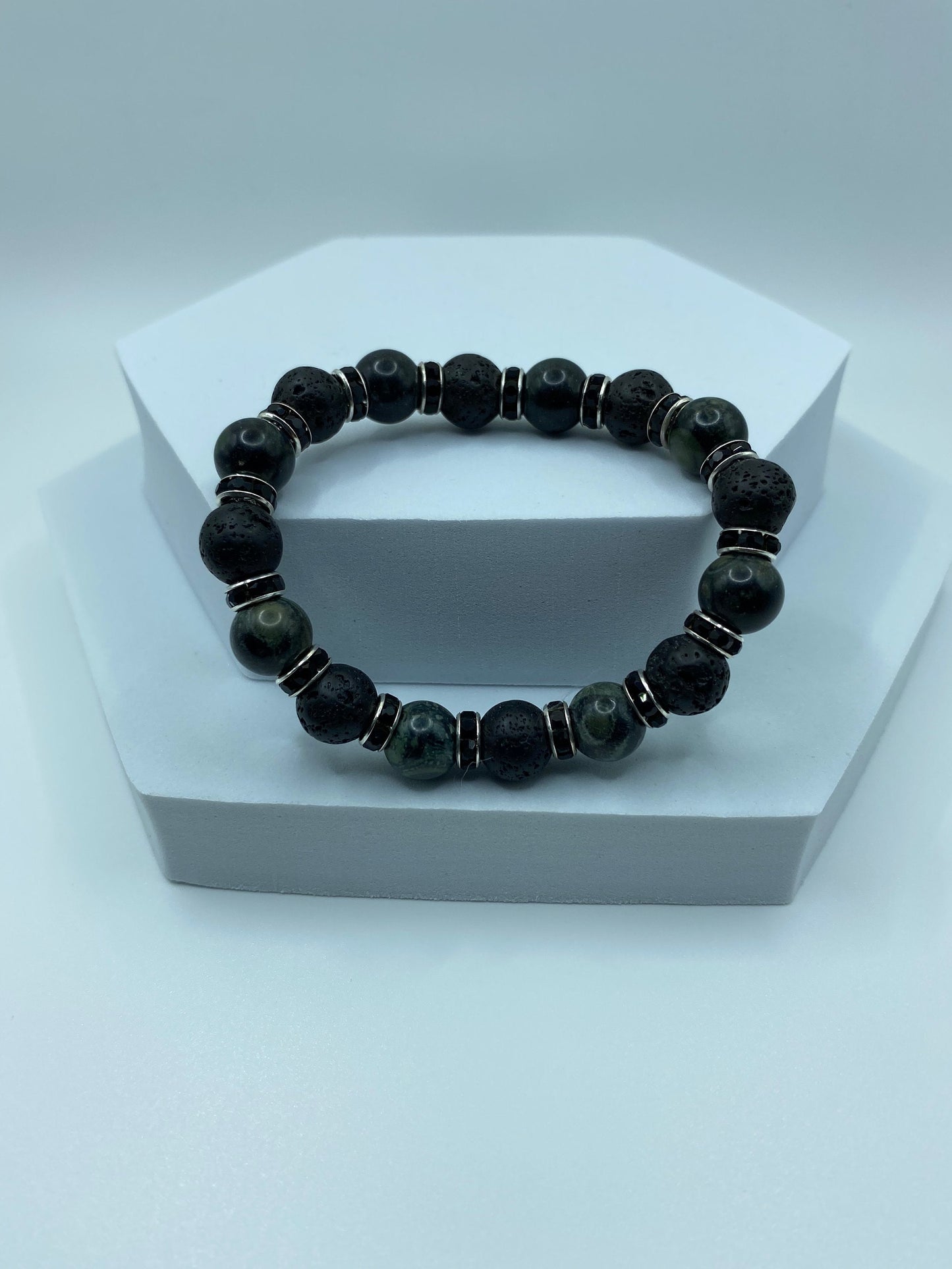 Lava Rock & Labradorite Bracelet with Rhinestone Accents