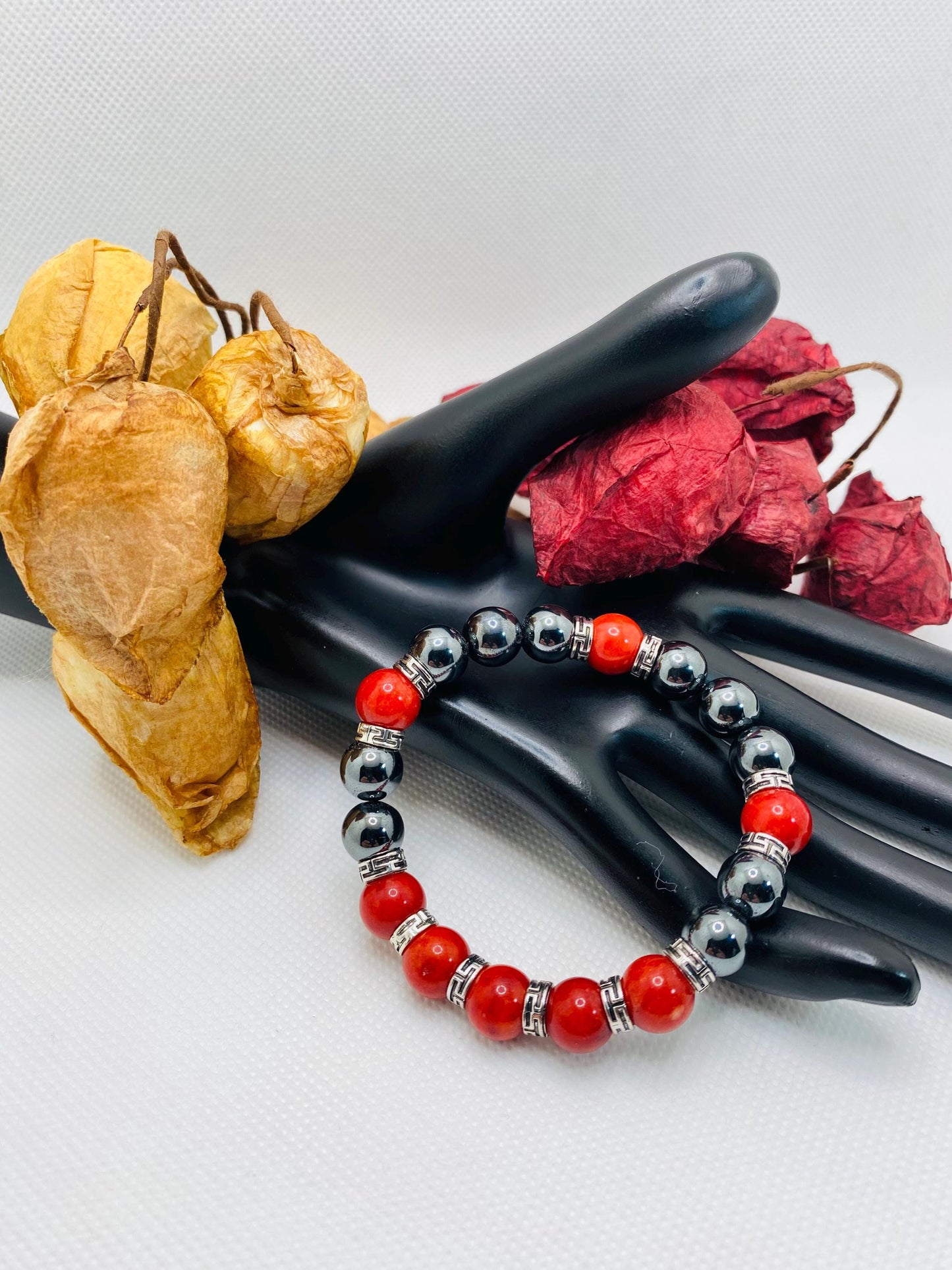 Men's Hematite Bracelet: Red Coral Beads, Tibetan Jewelry