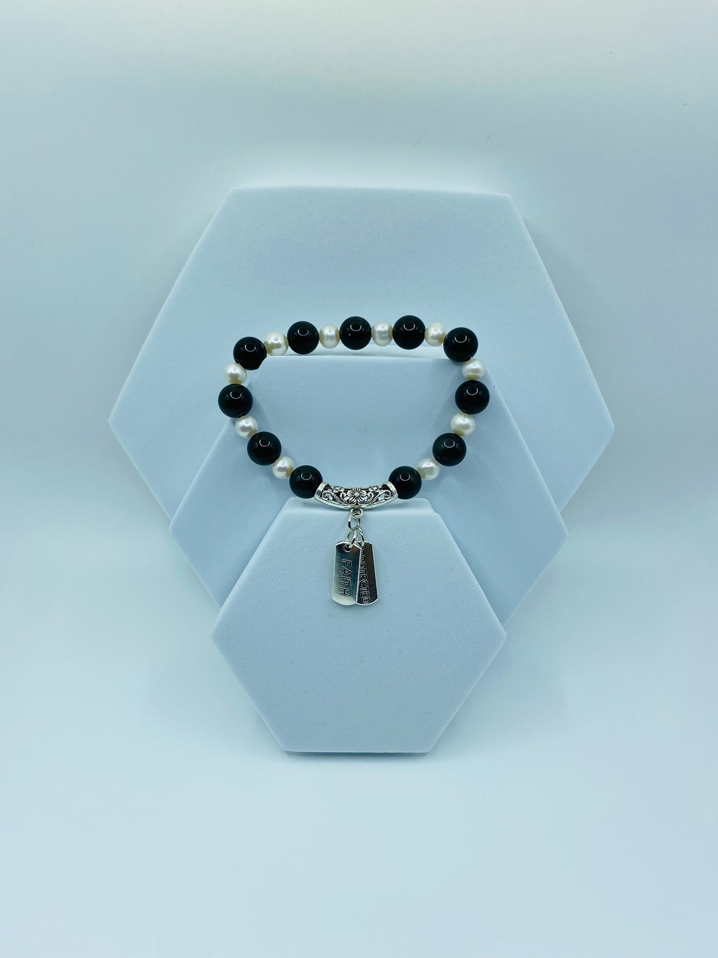 Onyx & Pearl Charm Bracelet: Inspirational Word Charms, Handmade